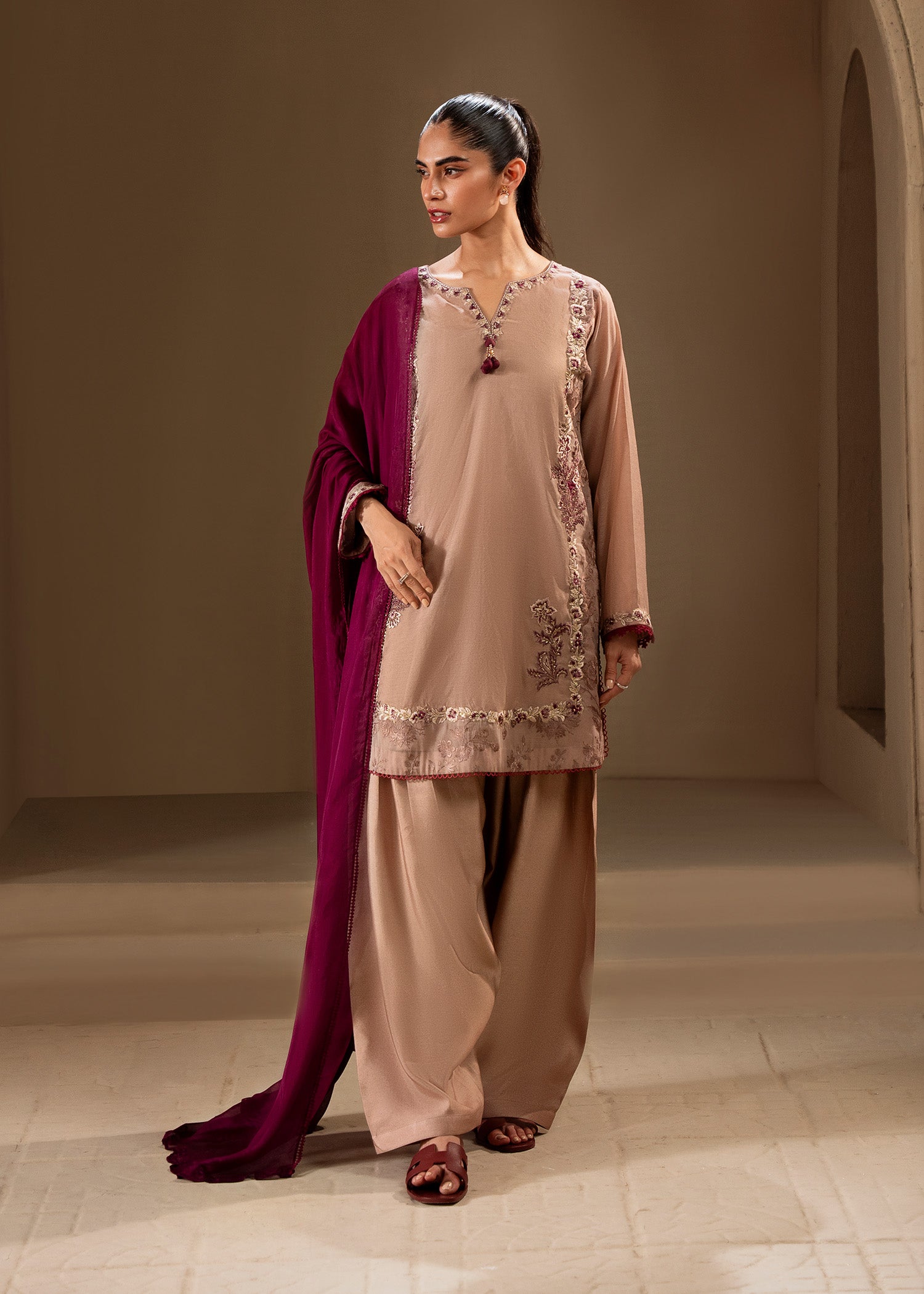 Pakistani Rose Dust Embroidered Cotton Silk Salwar Kameez (3-Piece) - Image 1