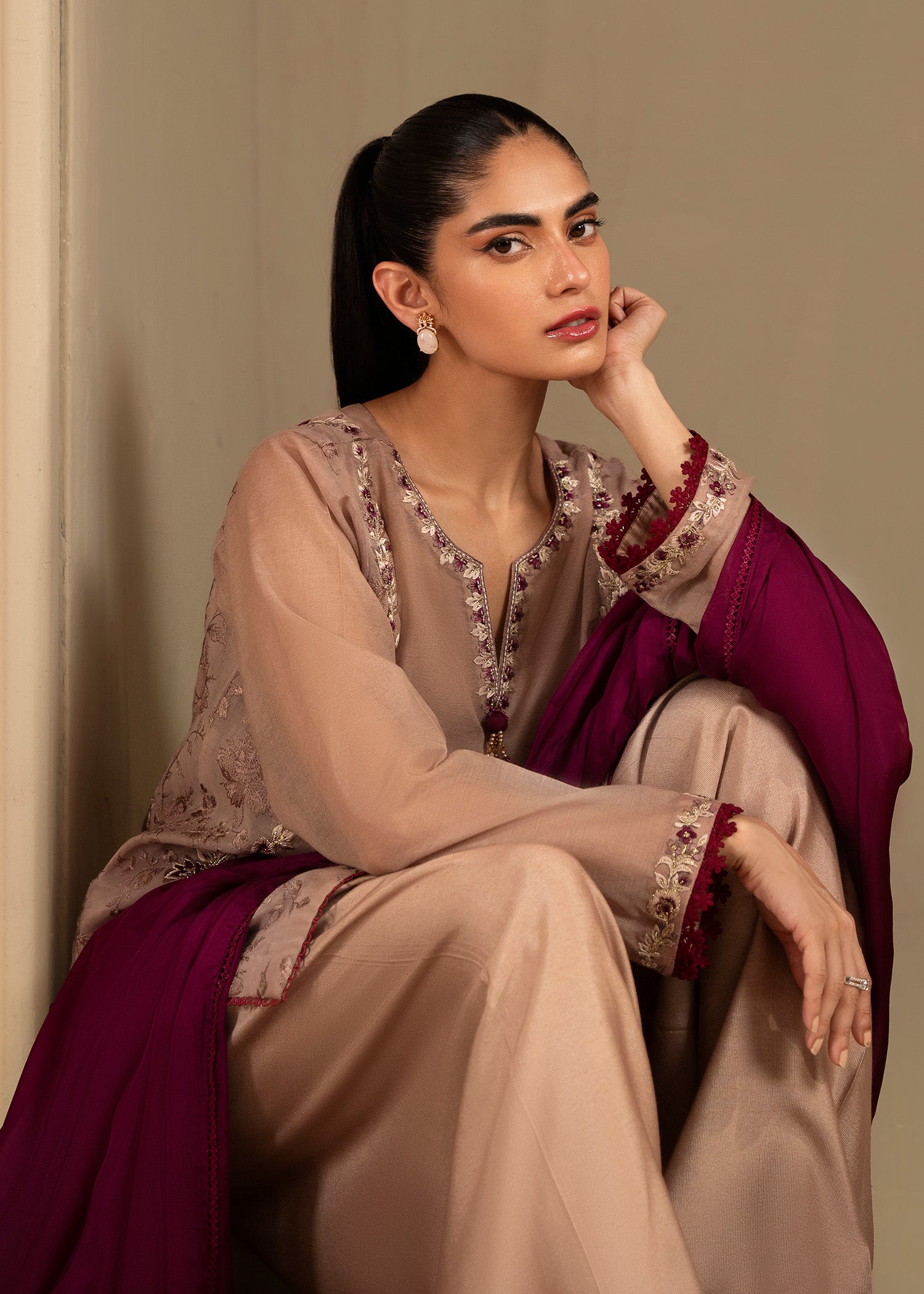 Pakistani Rose Dust Embroidered Cotton Silk Salwar Kameez (3-Piece) - Image 10