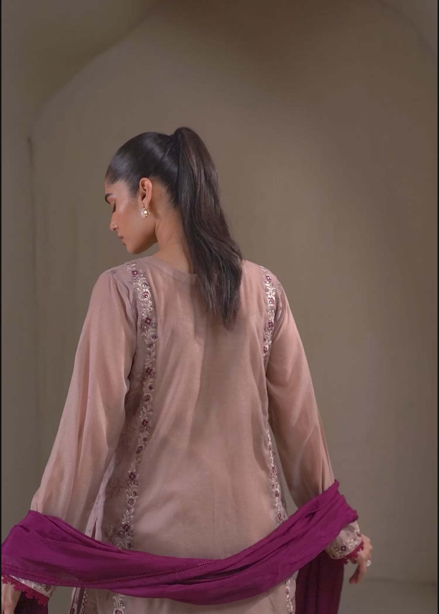 Pakistani Rose Dust Embroidered Cotton Silk Salwar Kameez (3-Piece) - Image 11