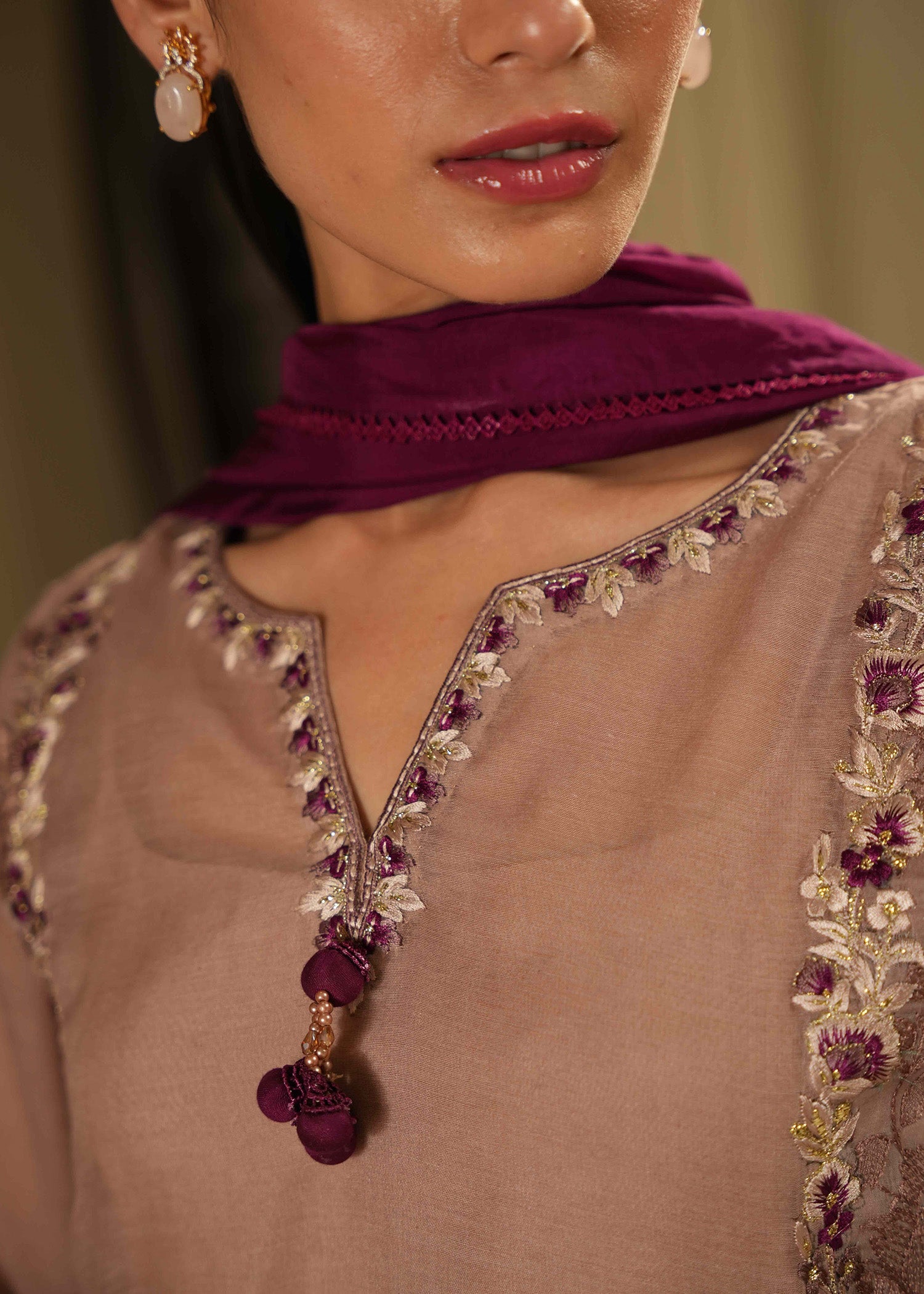 Pakistani Rose Dust Embroidered Cotton Silk Salwar Kameez (3-Piece) - Image 2