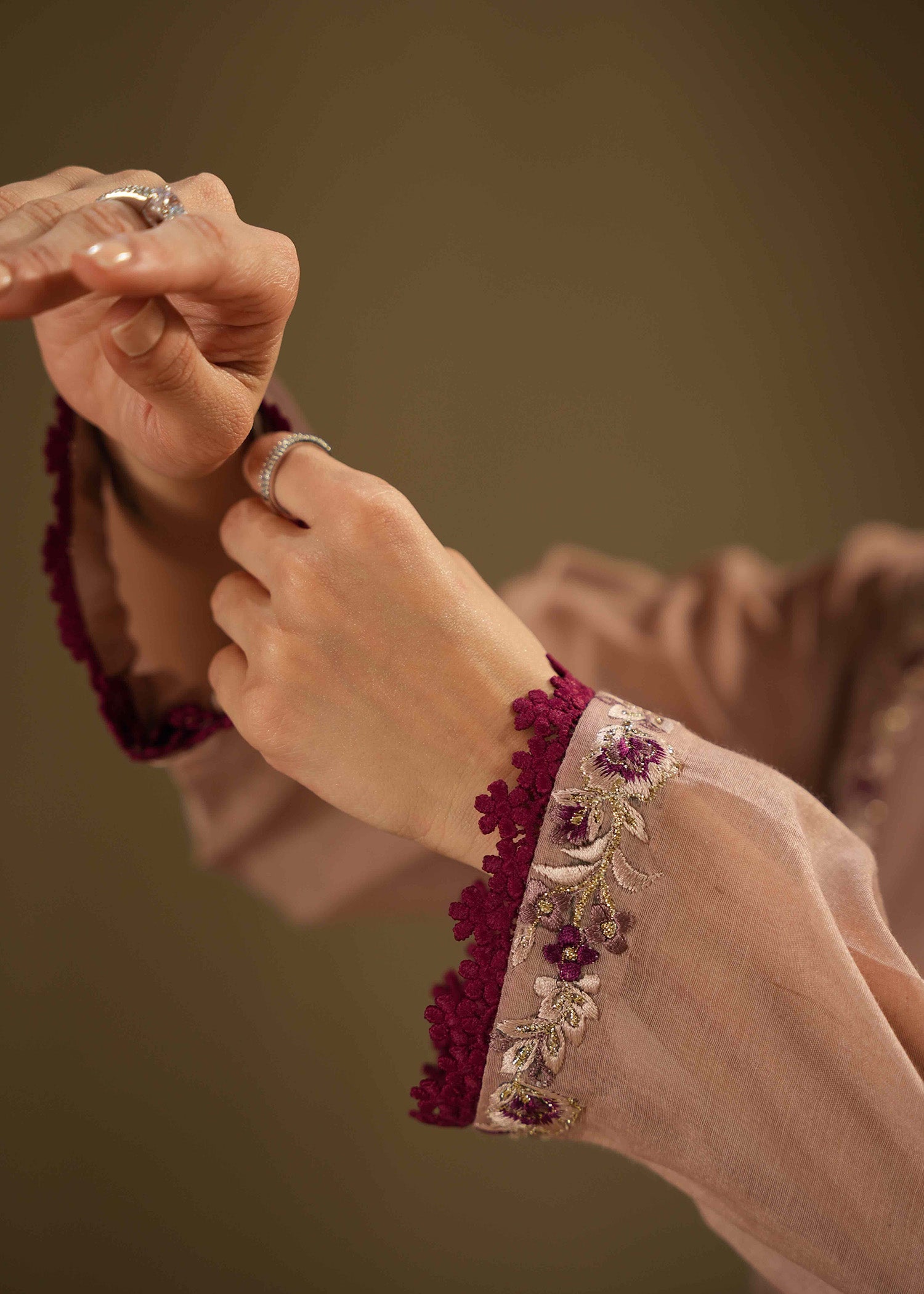 Pakistani Rose Dust Embroidered Cotton Silk Salwar Kameez (3-Piece) - Image 3