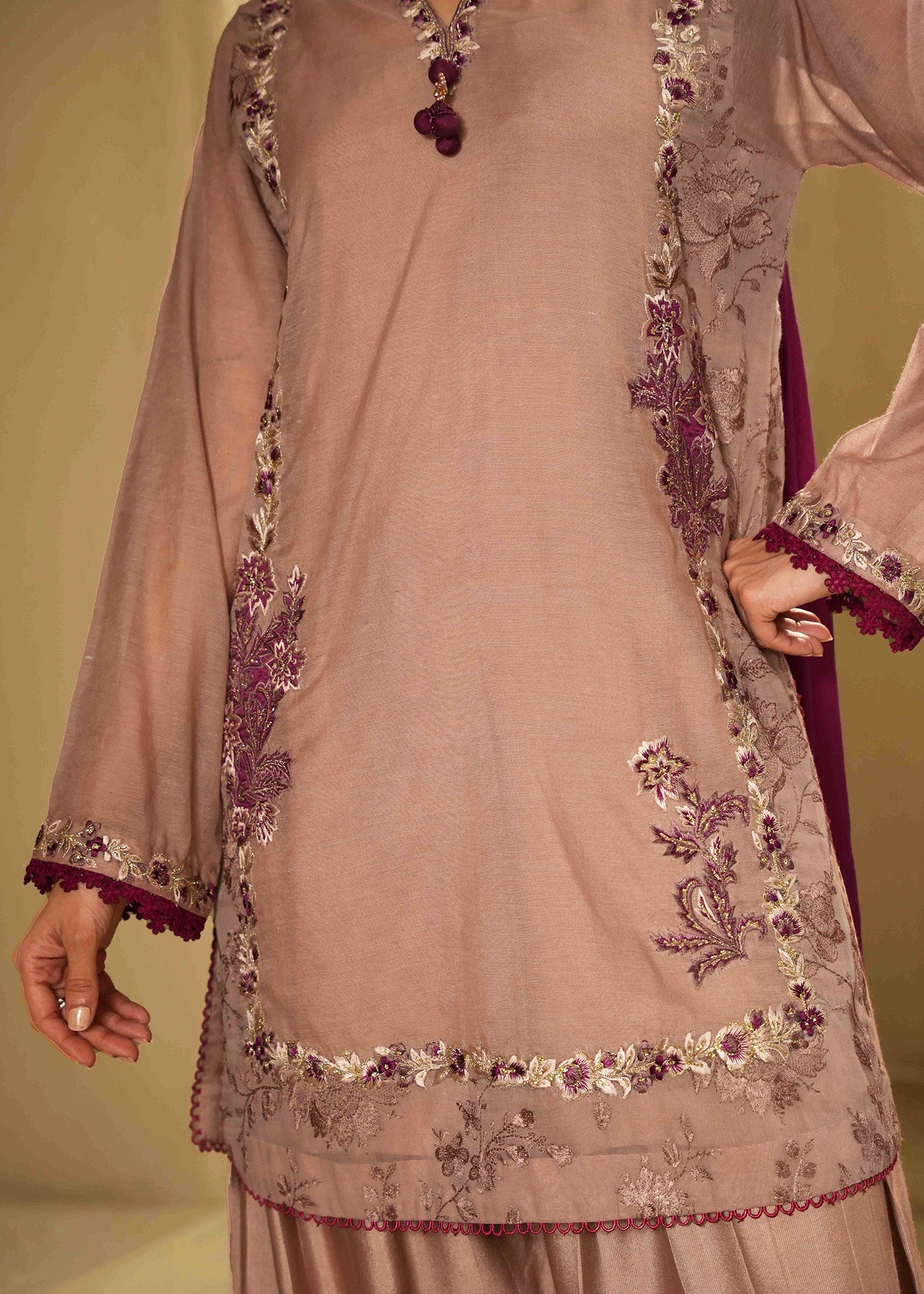 Pakistani Rose Dust Embroidered Cotton Silk Salwar Kameez (3-Piece) - Image 4