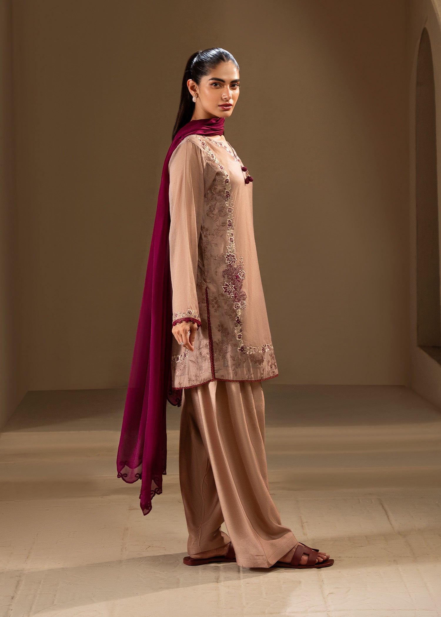 Pakistani Rose Dust Embroidered Cotton Silk Salwar Kameez (3-Piece) - Image 5