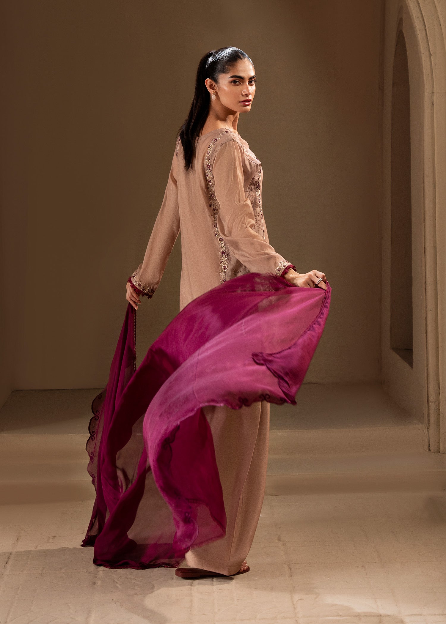 Pakistani Rose Dust Embroidered Cotton Silk Salwar Kameez (3-Piece) - Image 6