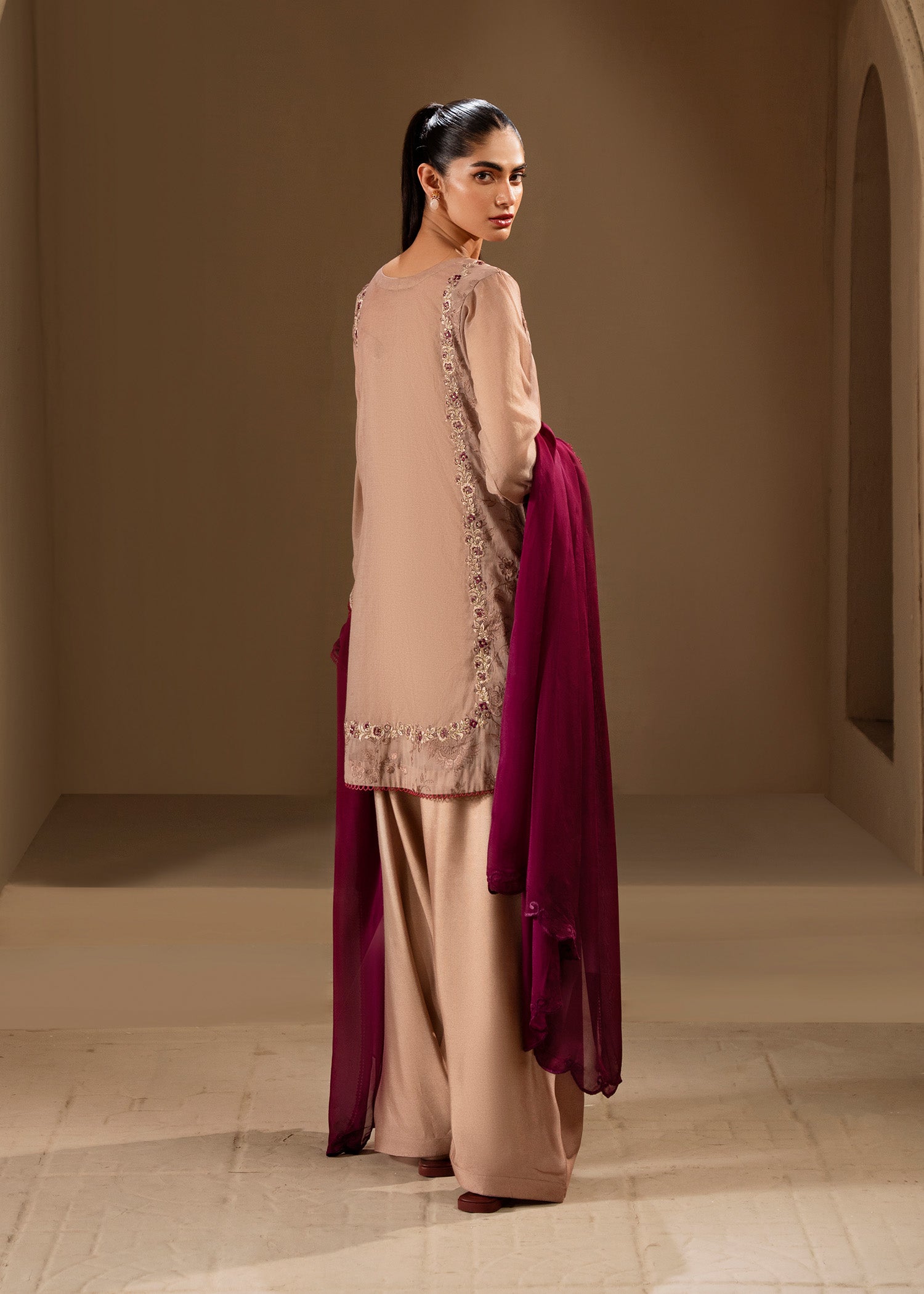 Pakistani Rose Dust Embroidered Cotton Silk Salwar Kameez (3-Piece) - Image 7