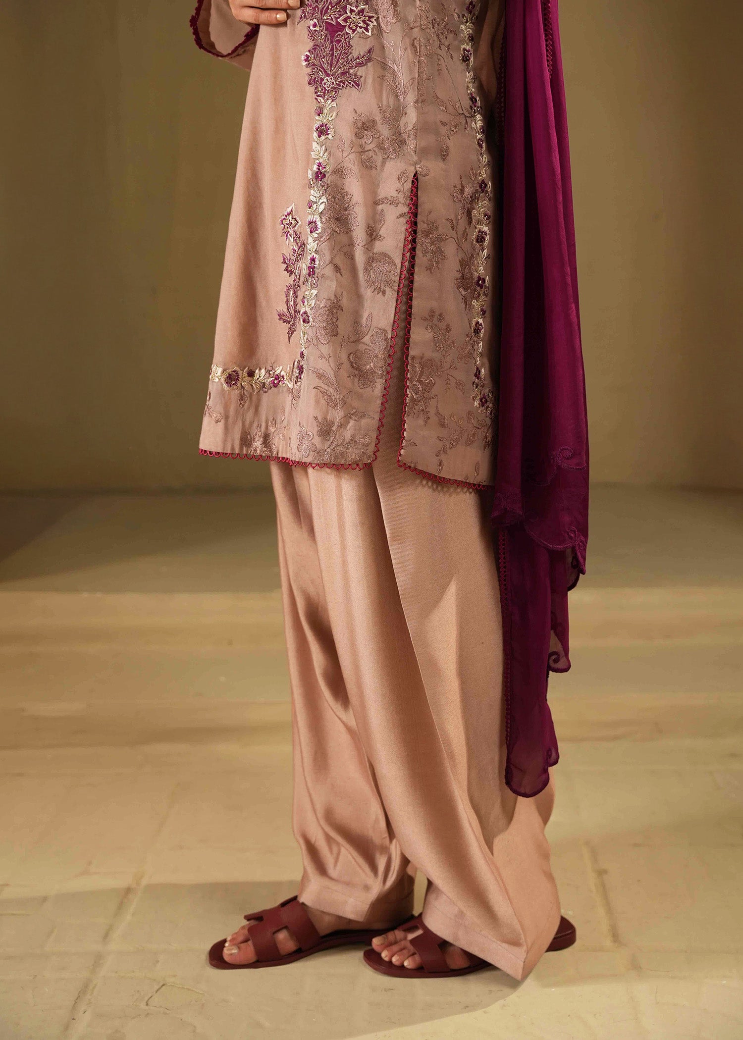 Pakistani Rose Dust Embroidered Cotton Silk Salwar Kameez (3-Piece) - Image 8