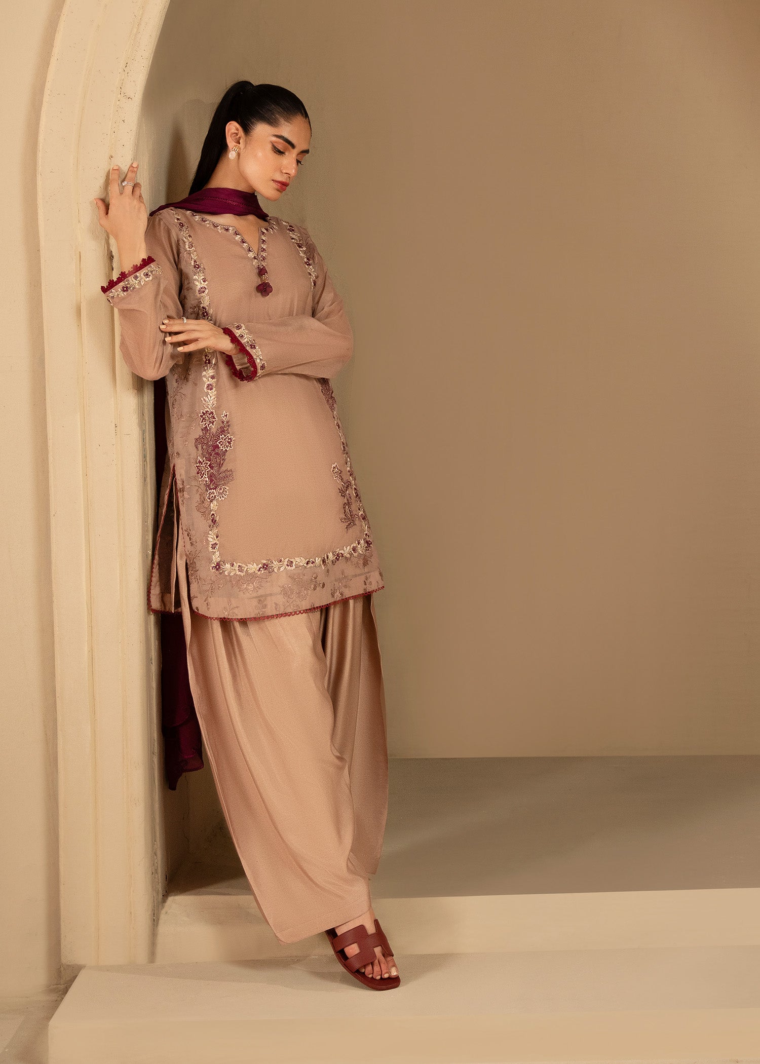Pakistani Rose Dust Embroidered Cotton Silk Salwar Kameez (3-Piece) - Image 9