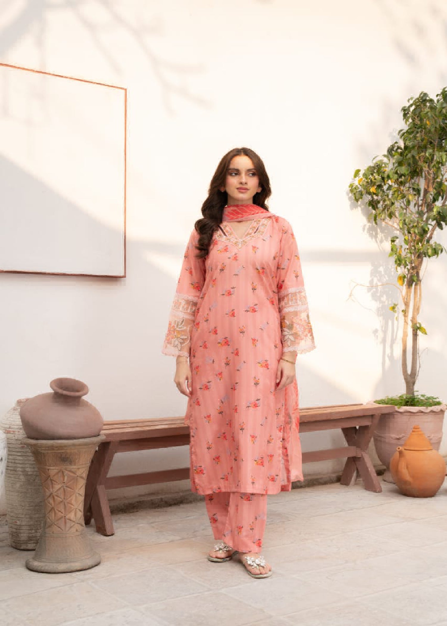 Peach Pink Embroidered Cotton Kurta Set (3-Piece) - Image 1