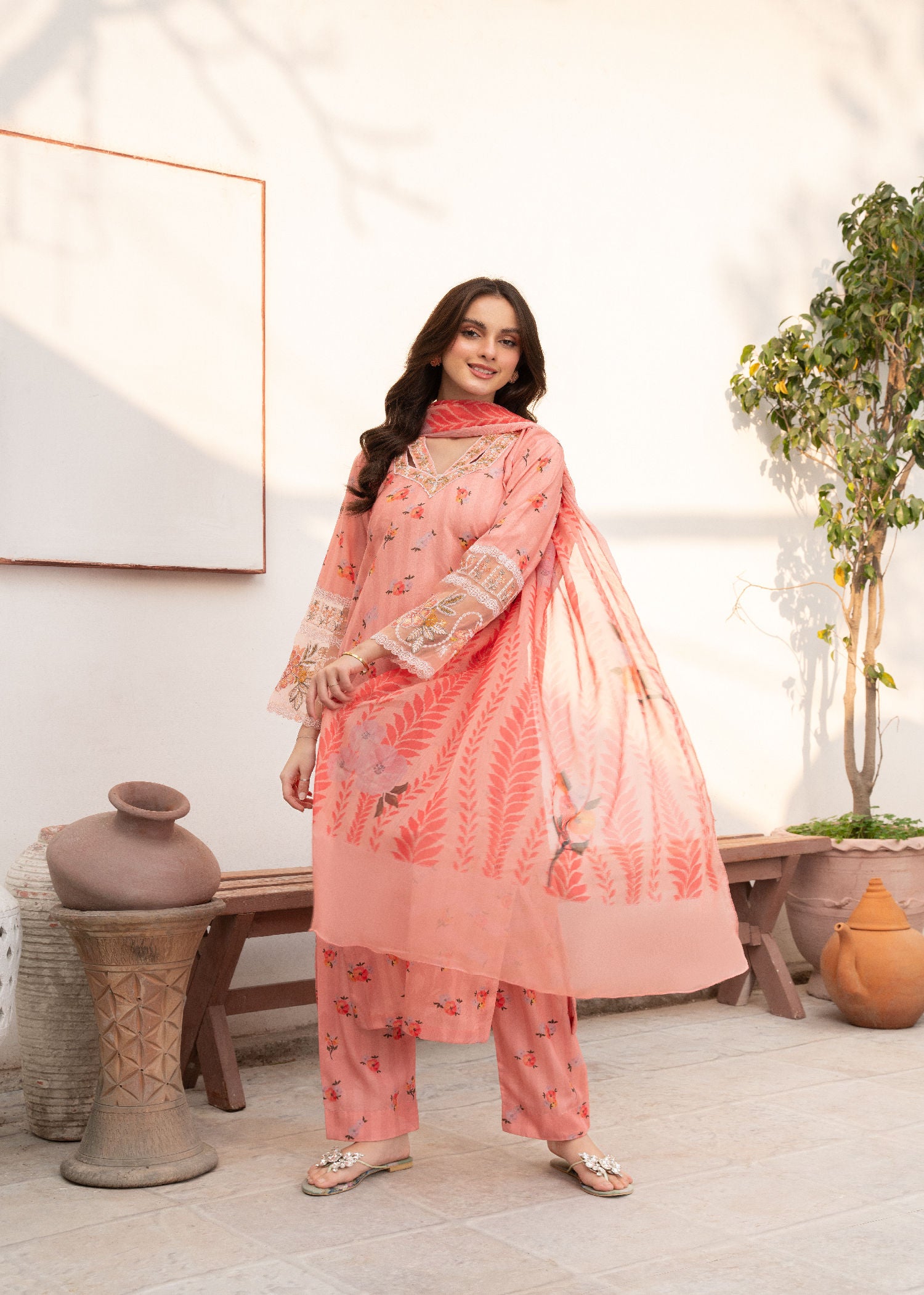 Peach Pink Embroidered Cotton Kurta Set (3-Piece) - Image 2