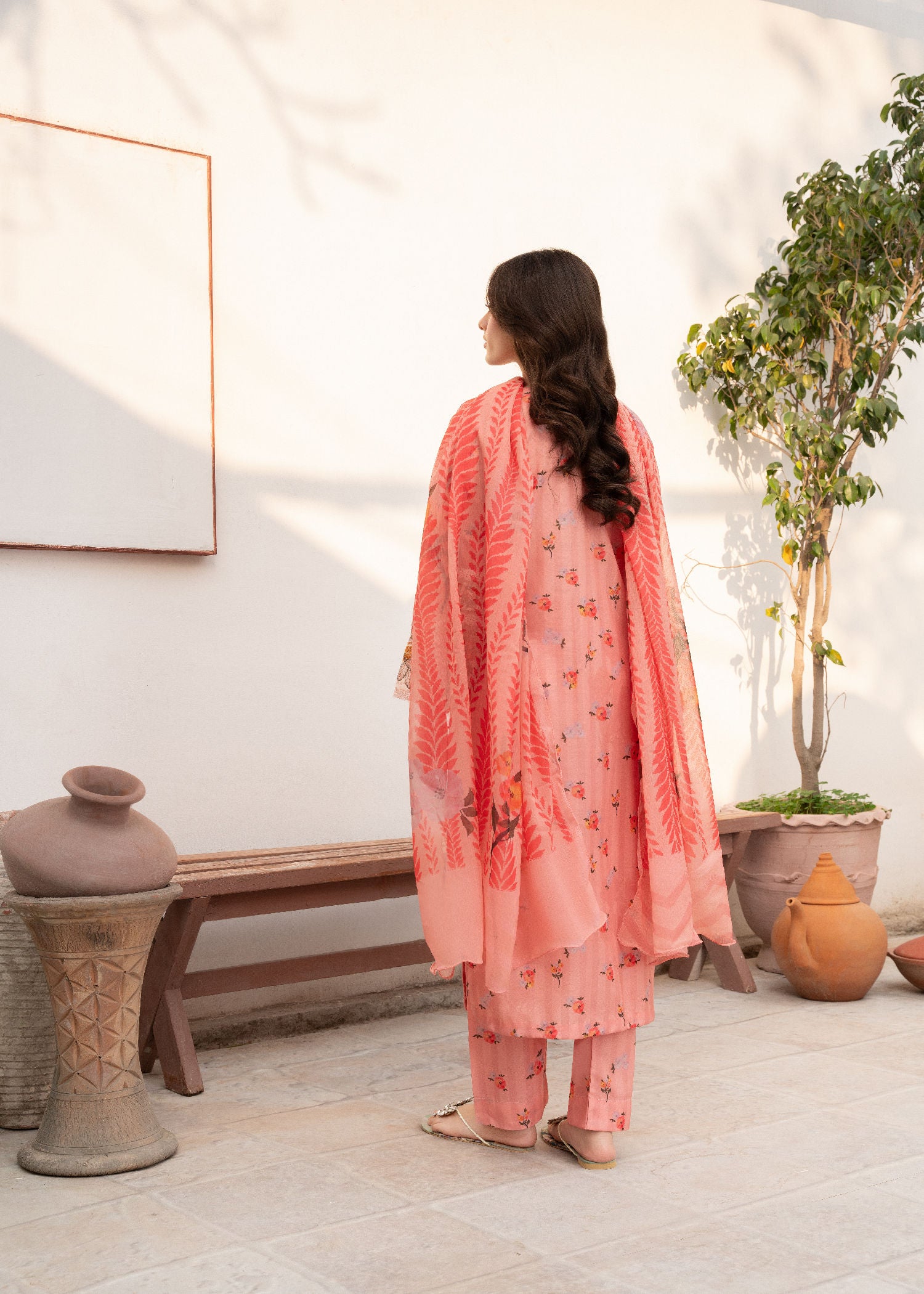 Peach Pink Embroidered Cotton Kurta Set (3-Piece) - Image 3
