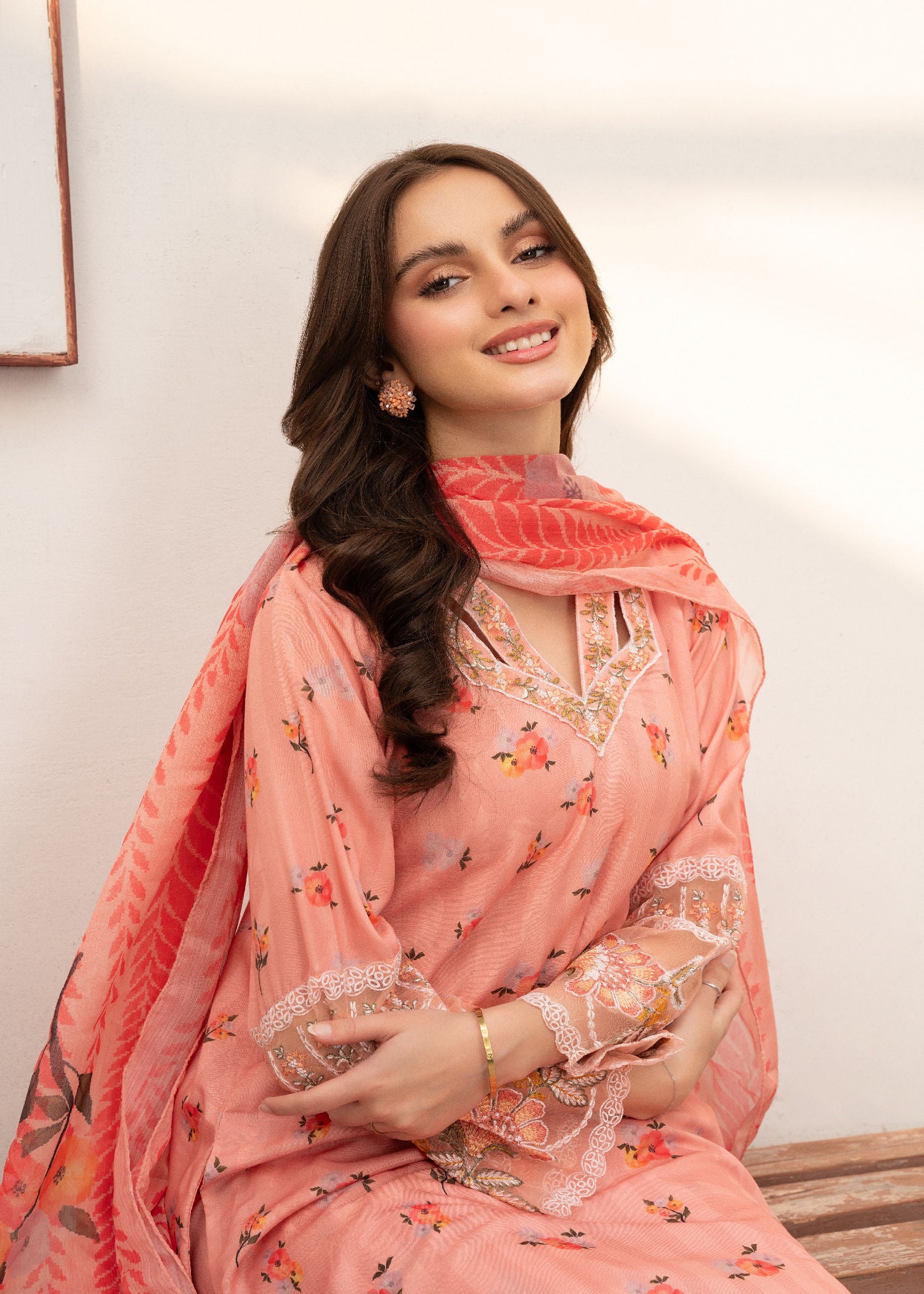 Peach Pink Embroidered Cotton Kurta Set (3-Piece) - Image 5