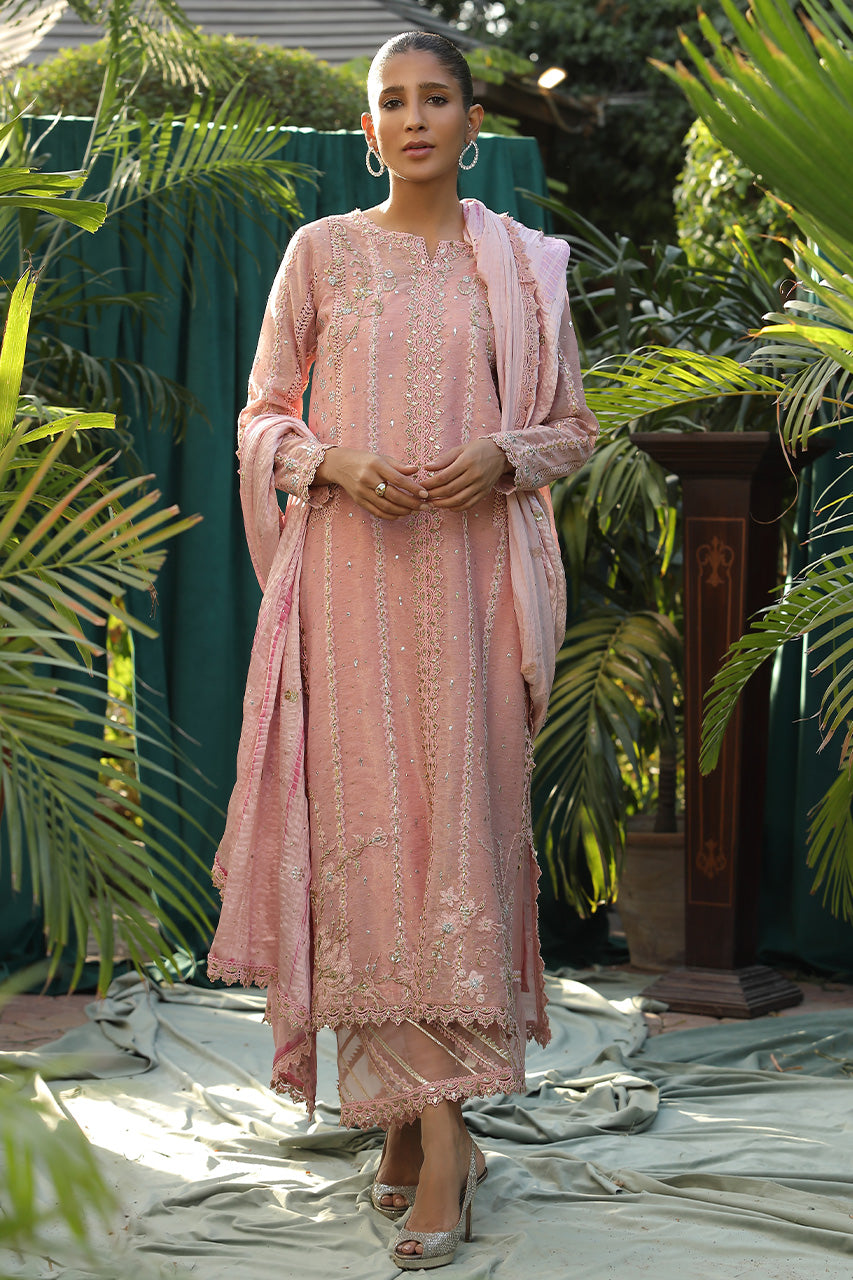 Pakistani Pink Zardozi Cotton Zari & Silk Salwar Kameez (3-Piece) - Image 1
