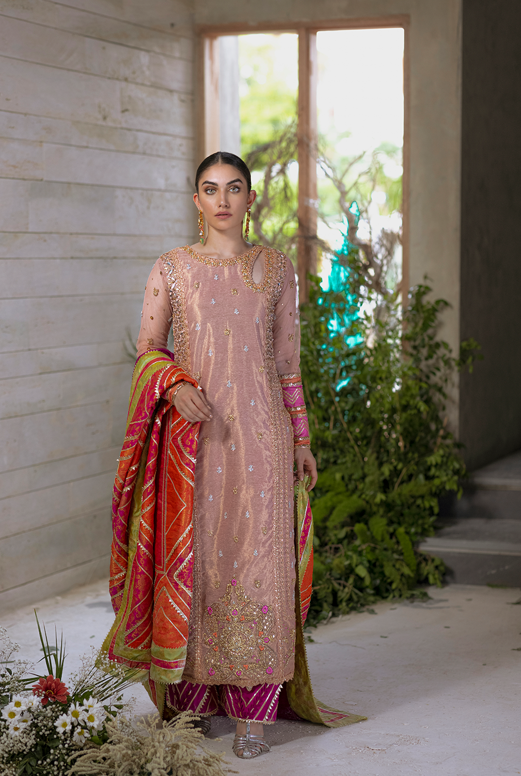 Salmon Peach Zardozi Cotton Zari Salwar Kameez (3-Piece) - Image 2