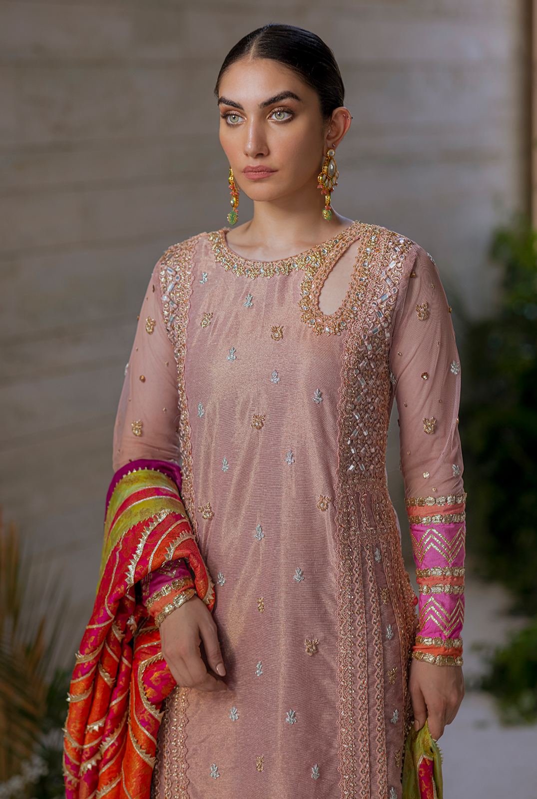 Salmon Peach Zardozi Cotton Zari Salwar Kameez (3-Piece) - Image 3