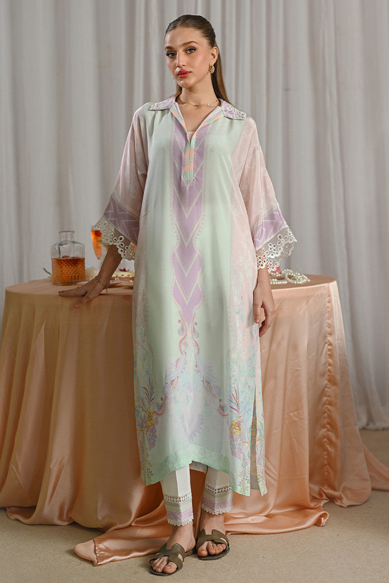 Pakistani Pastel Pink & Mint Embroidered Crepe Tunic Set (2-Piece) - Image 1