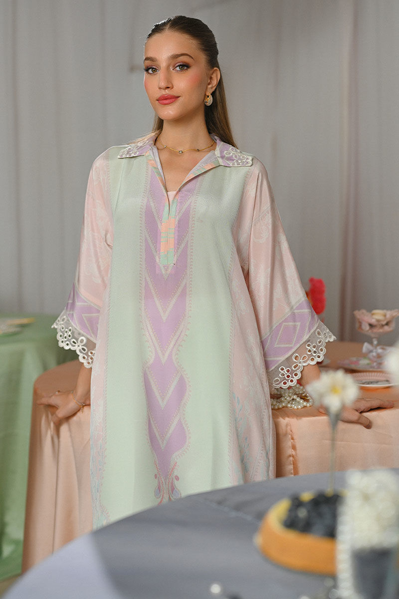 Pakistani Pastel Pink & Mint Embroidered Crepe Tunic Set (2-Piece) - Image 2
