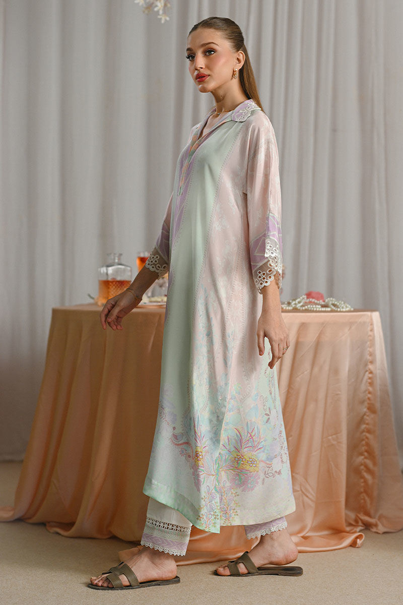 Pakistani Pastel Pink & Mint Embroidered Crepe Tunic Set (2-Piece) - Image 3