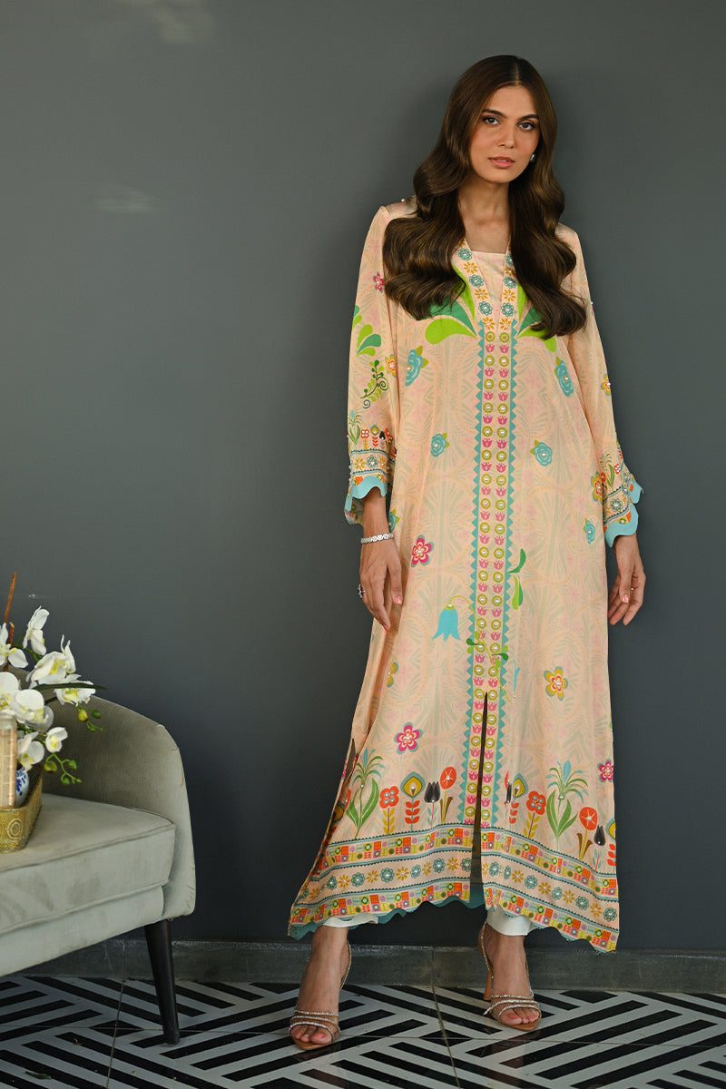 Pakistani Peach Printed Pure Crepe Long Shirt (1-Pc) - Image 1