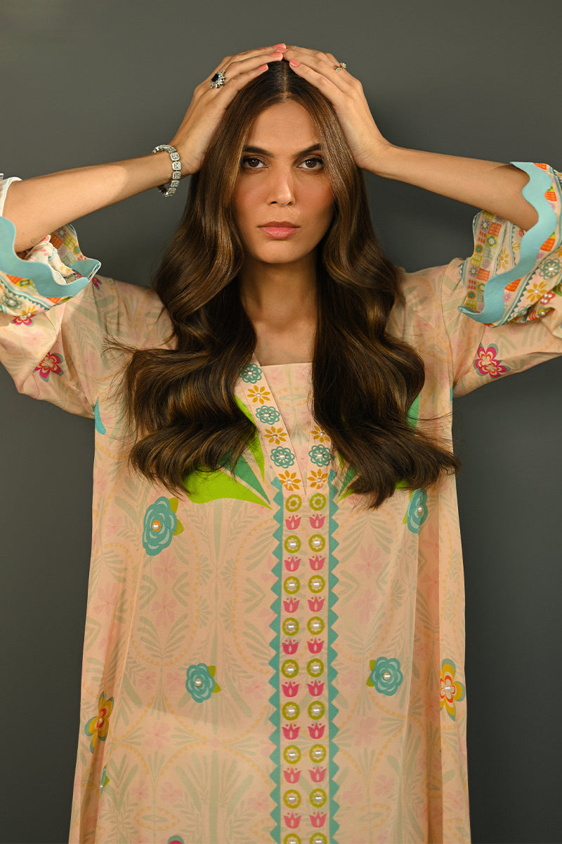Pakistani Peach Printed Pure Crepe Long Shirt (1-Pc) - Image 3