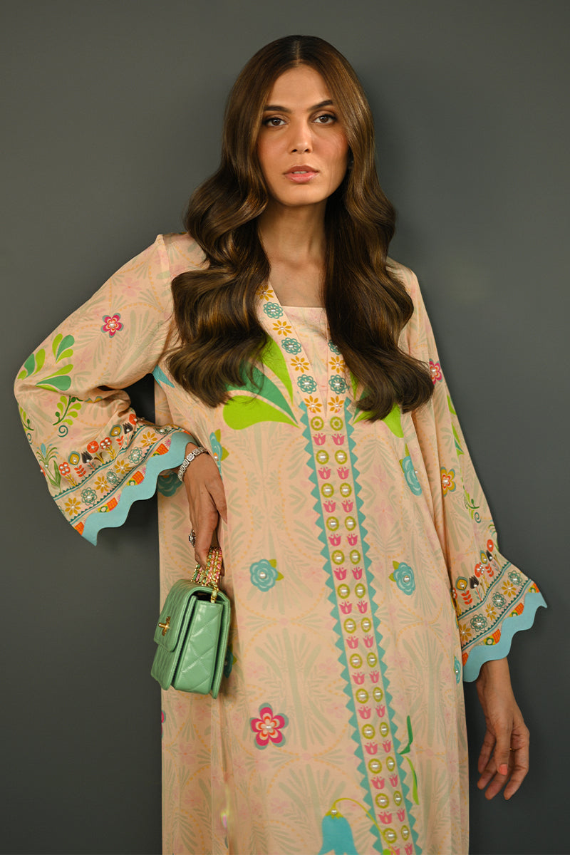 Pakistani Peach Printed Pure Crepe Long Shirt (1-Pc) - Image 4