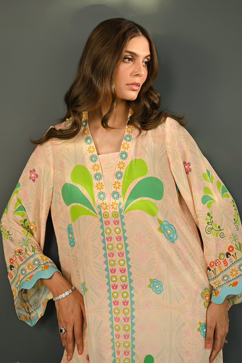 Pakistani Peach Printed Pure Crepe Long Shirt (1-Pc) - Image 6