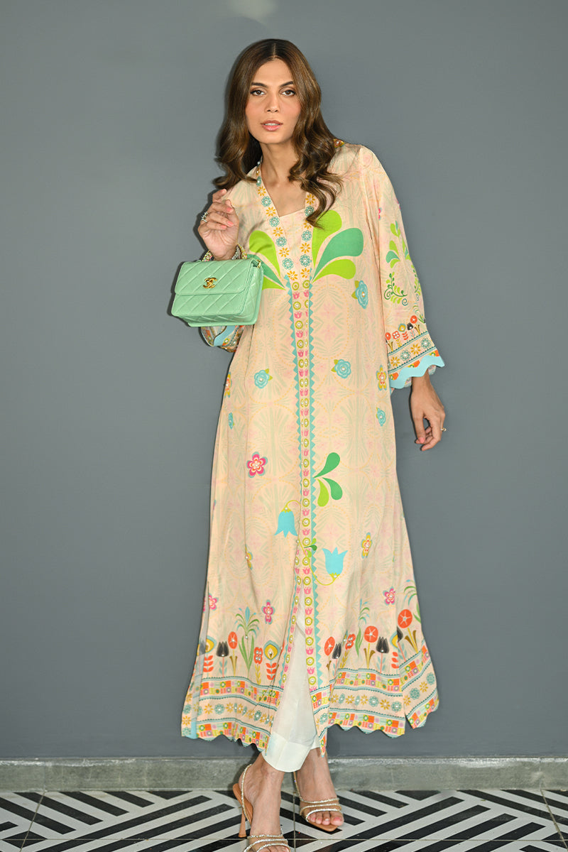 Pakistani Peach Printed Pure Crepe Long Shirt (1-Pc) - Image 7