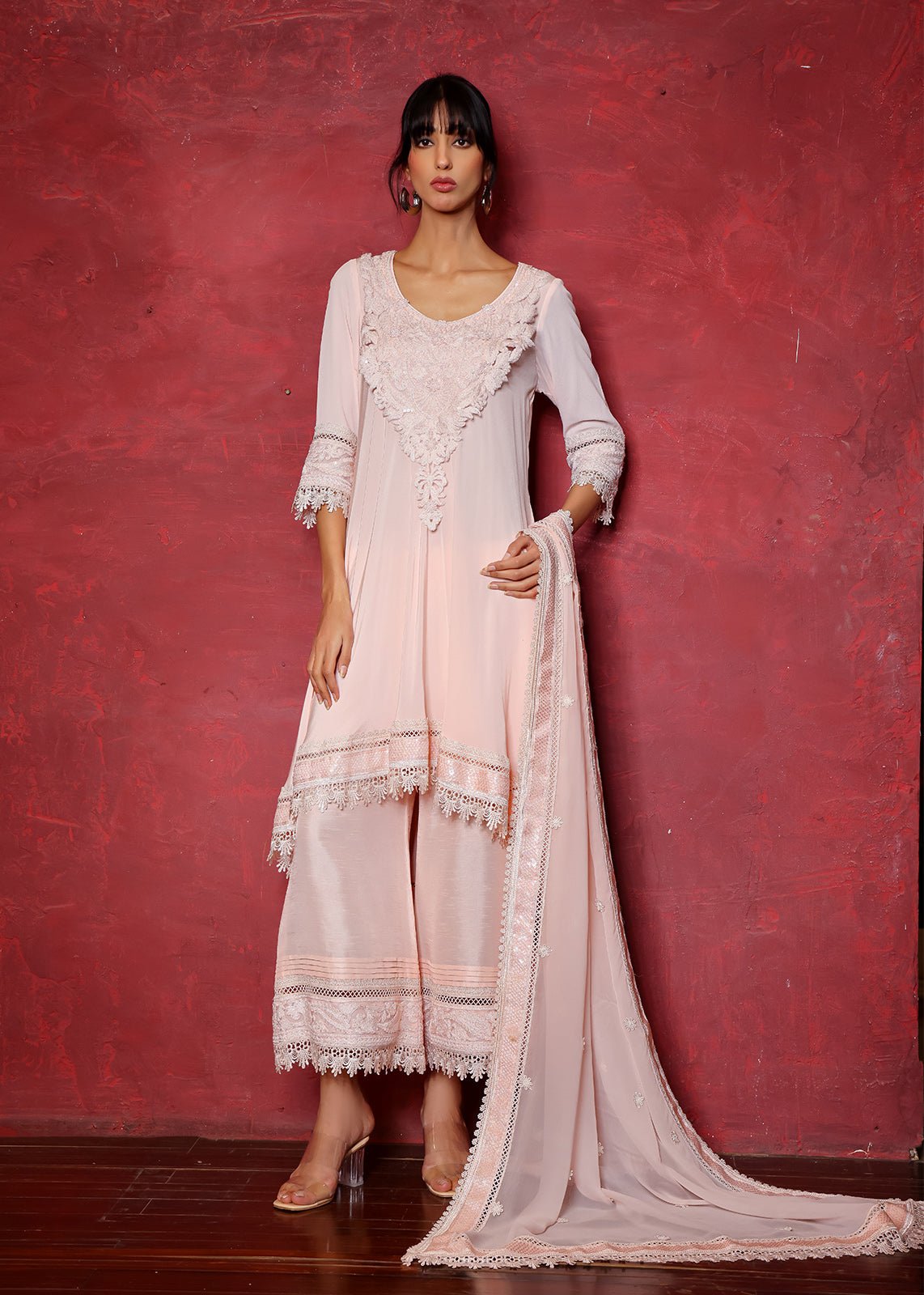Soft Pink Dori Embroidered Crepe Salwar Kameez (3-Piece) - Image 1