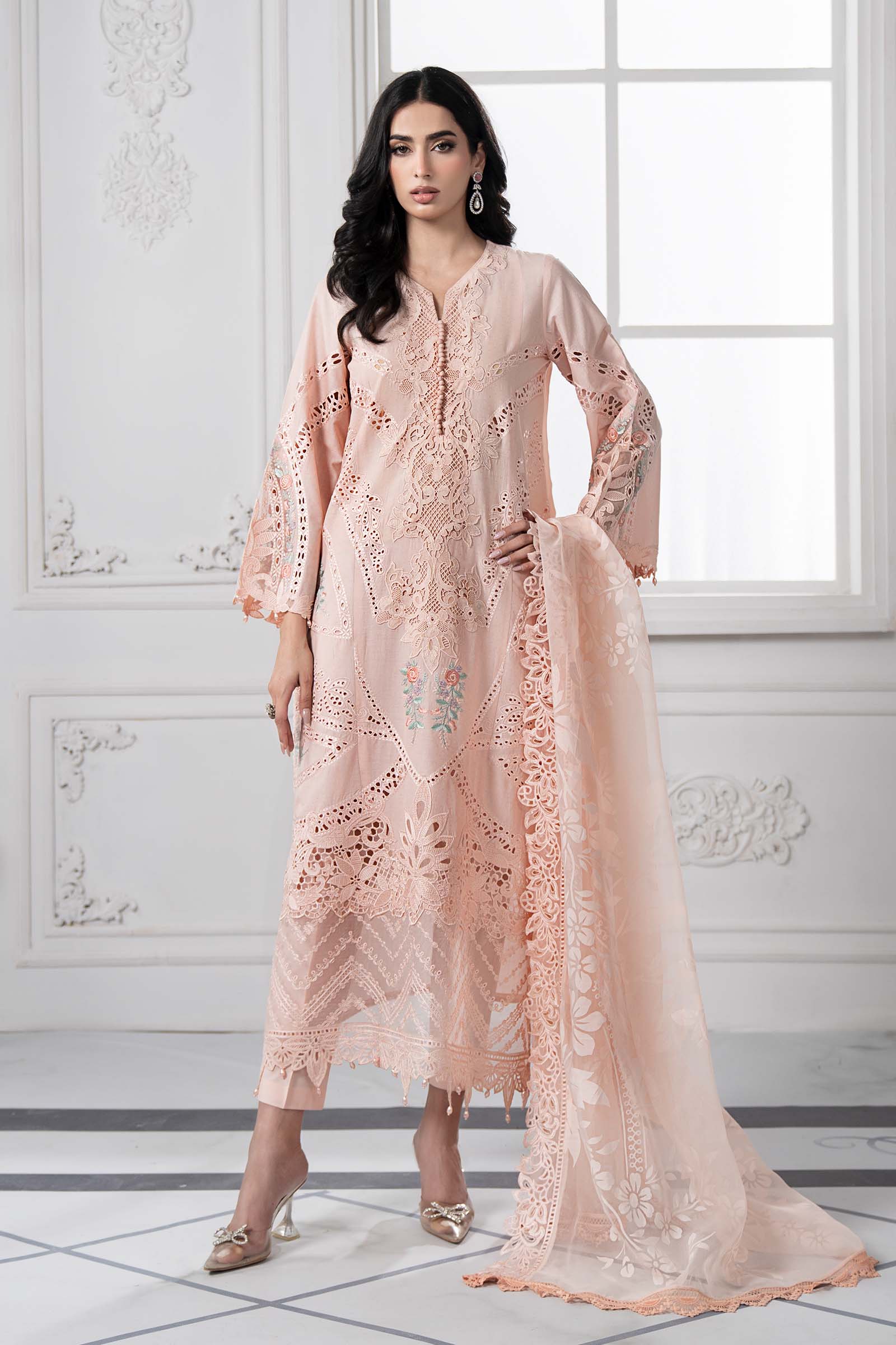 Pakistani Peach Embroidered Dobby Lawn 3-Piece Suit - Image 1
