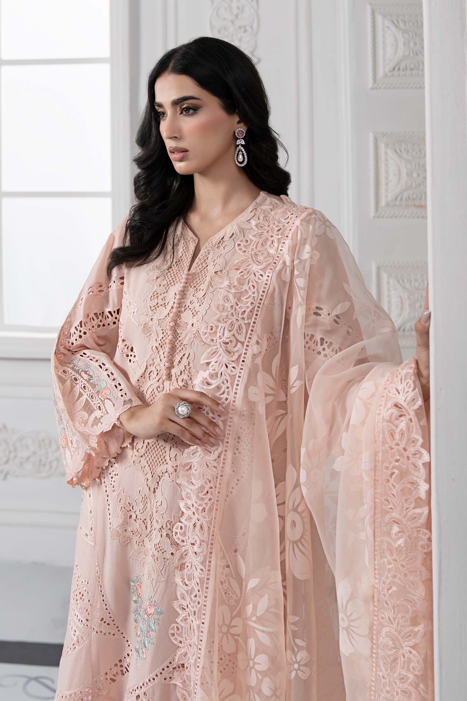 Pakistani Peach Embroidered Dobby Lawn 3-Piece Suit - Image 2