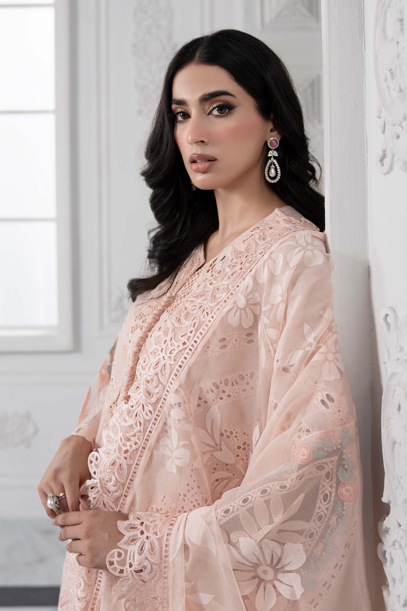 Pakistani Peach Embroidered Dobby Lawn 3-Piece Suit - Image 3