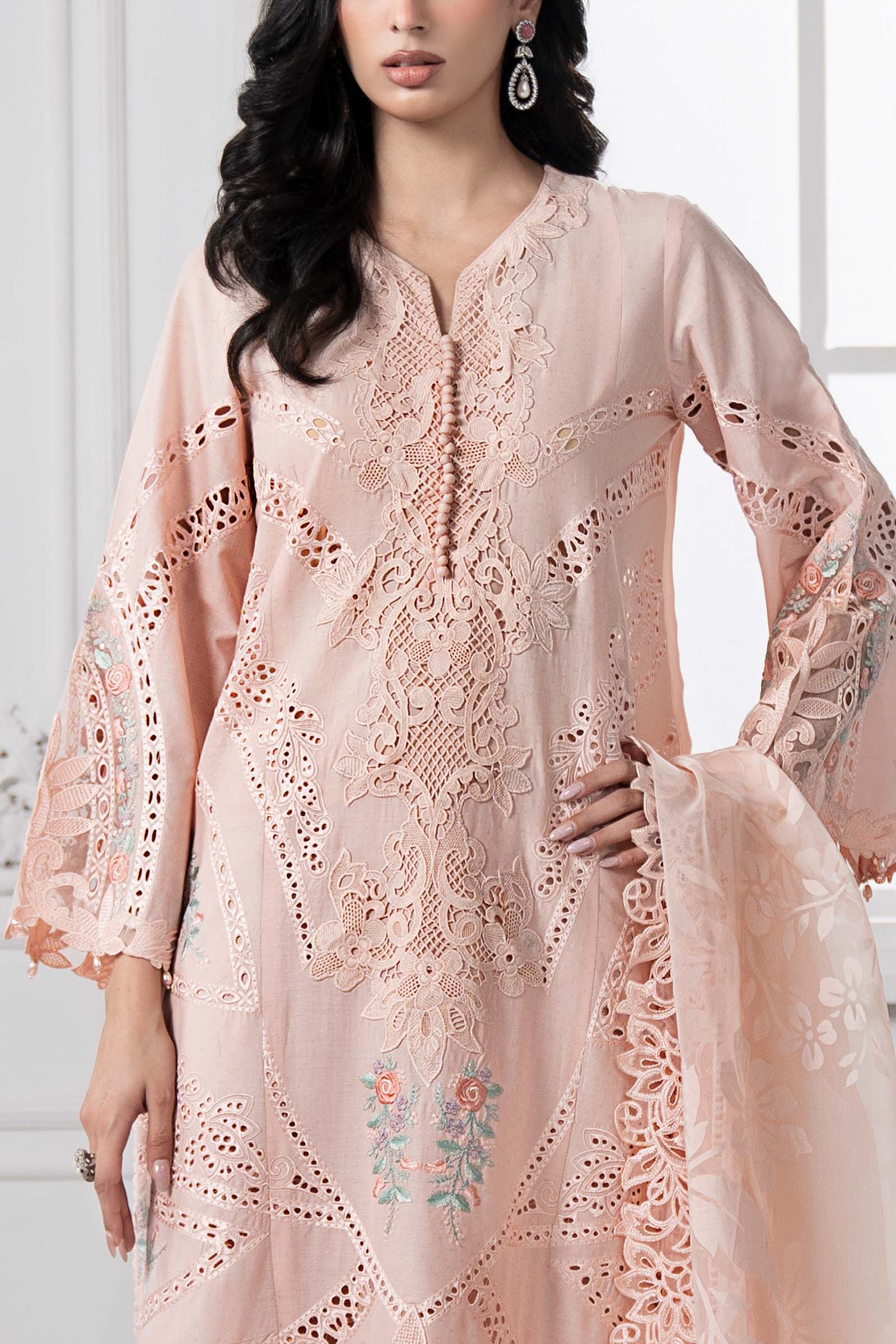 Pakistani Peach Embroidered Dobby Lawn 3-Piece Suit - Image 4