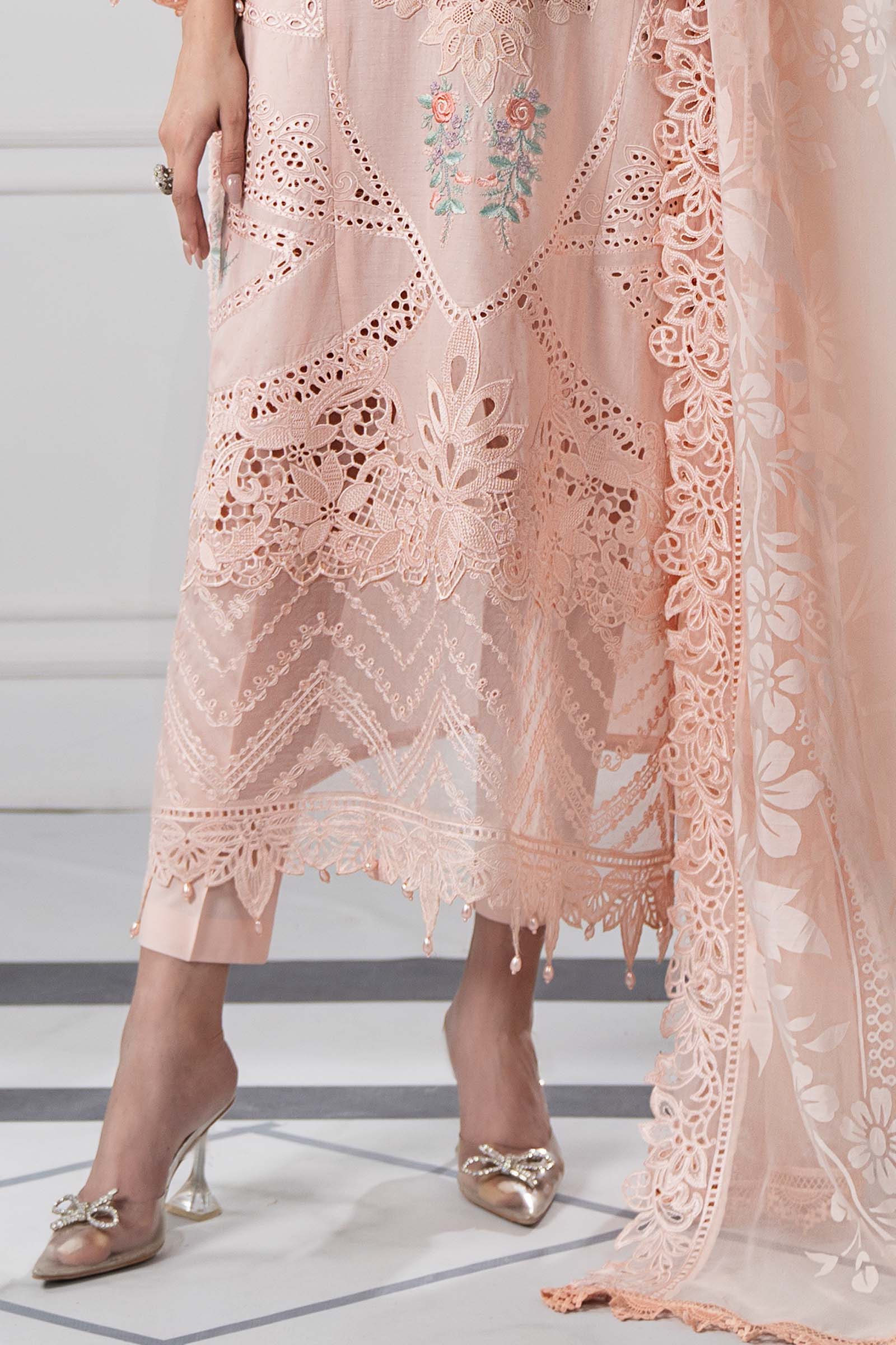 Pakistani Peach Embroidered Dobby Lawn 3-Piece Suit - Image 5