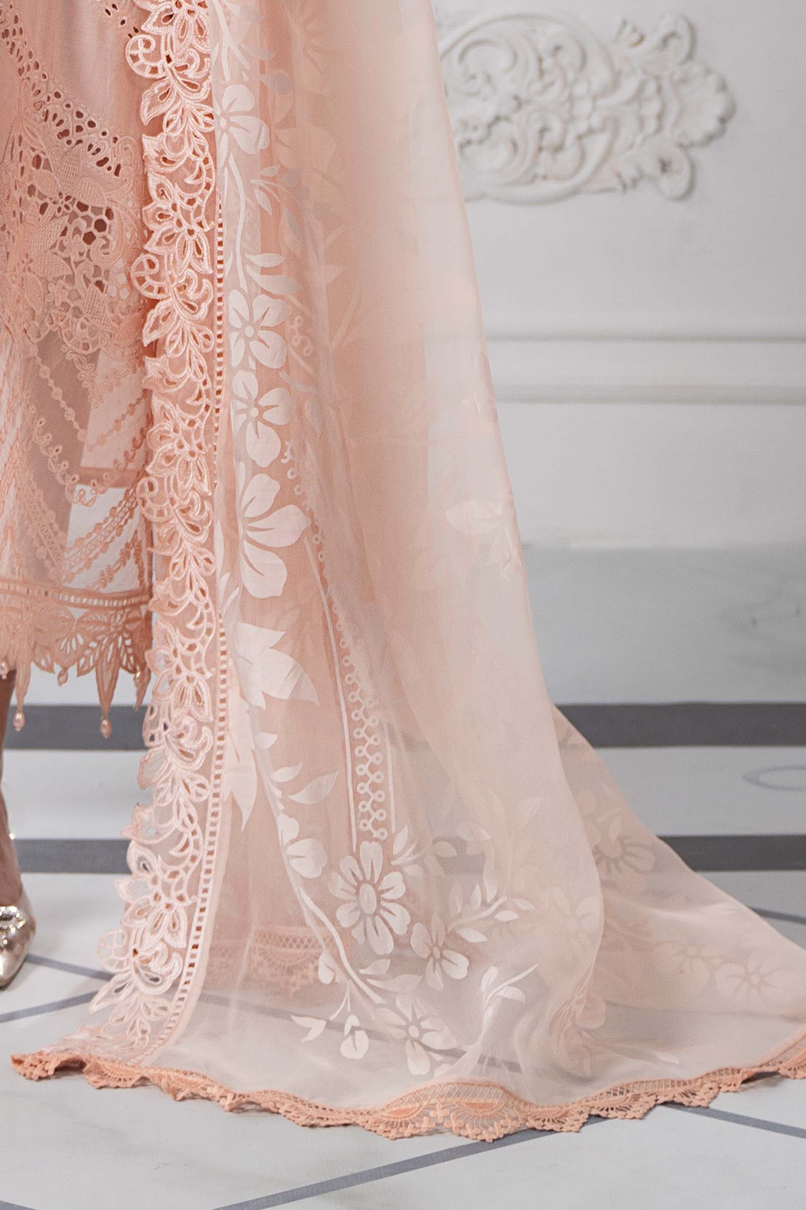 Pakistani Peach Embroidered Dobby Lawn 3-Piece Suit - Image 6