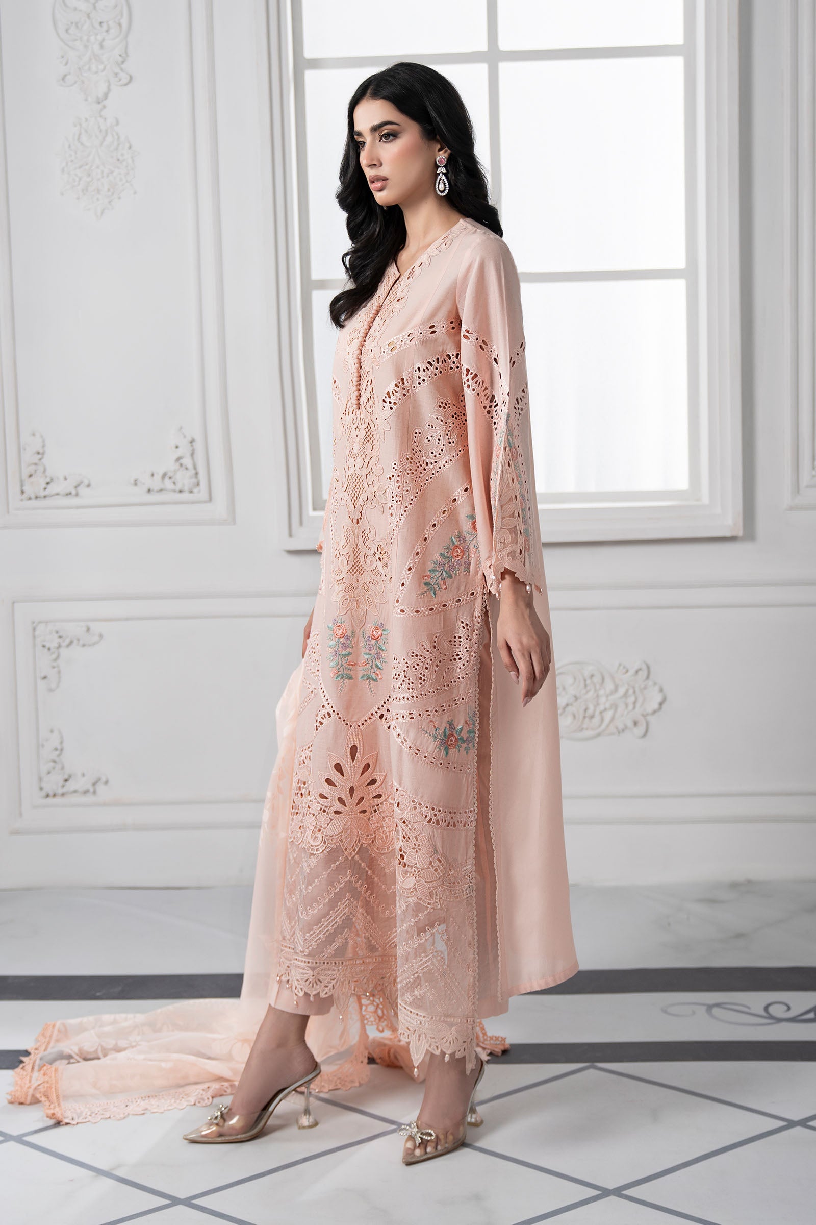 Pakistani Peach Embroidered Dobby Lawn 3-Piece Suit - Image 7