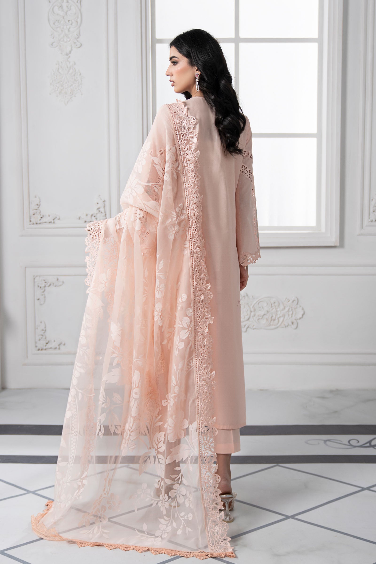 Pakistani Peach Embroidered Dobby Lawn 3-Piece Suit - Image 8