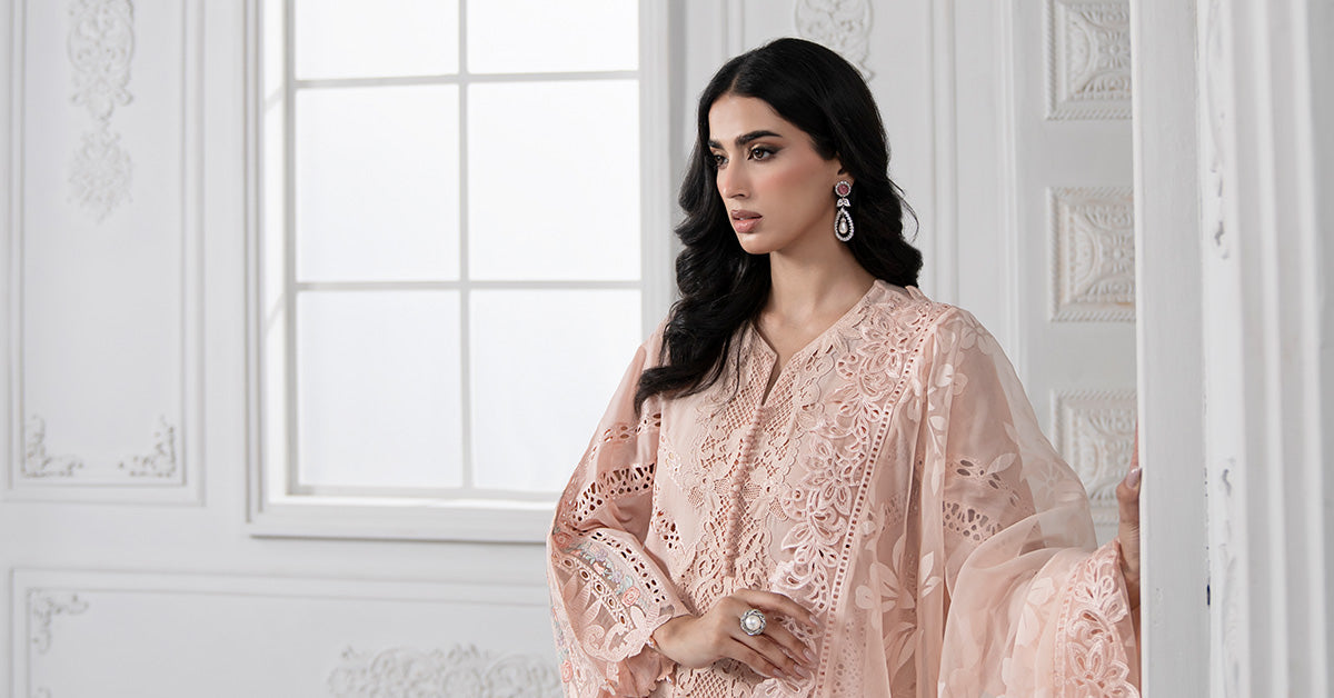 Pakistani Peach Embroidered Dobby Lawn 3-Piece Suit - Image 9
