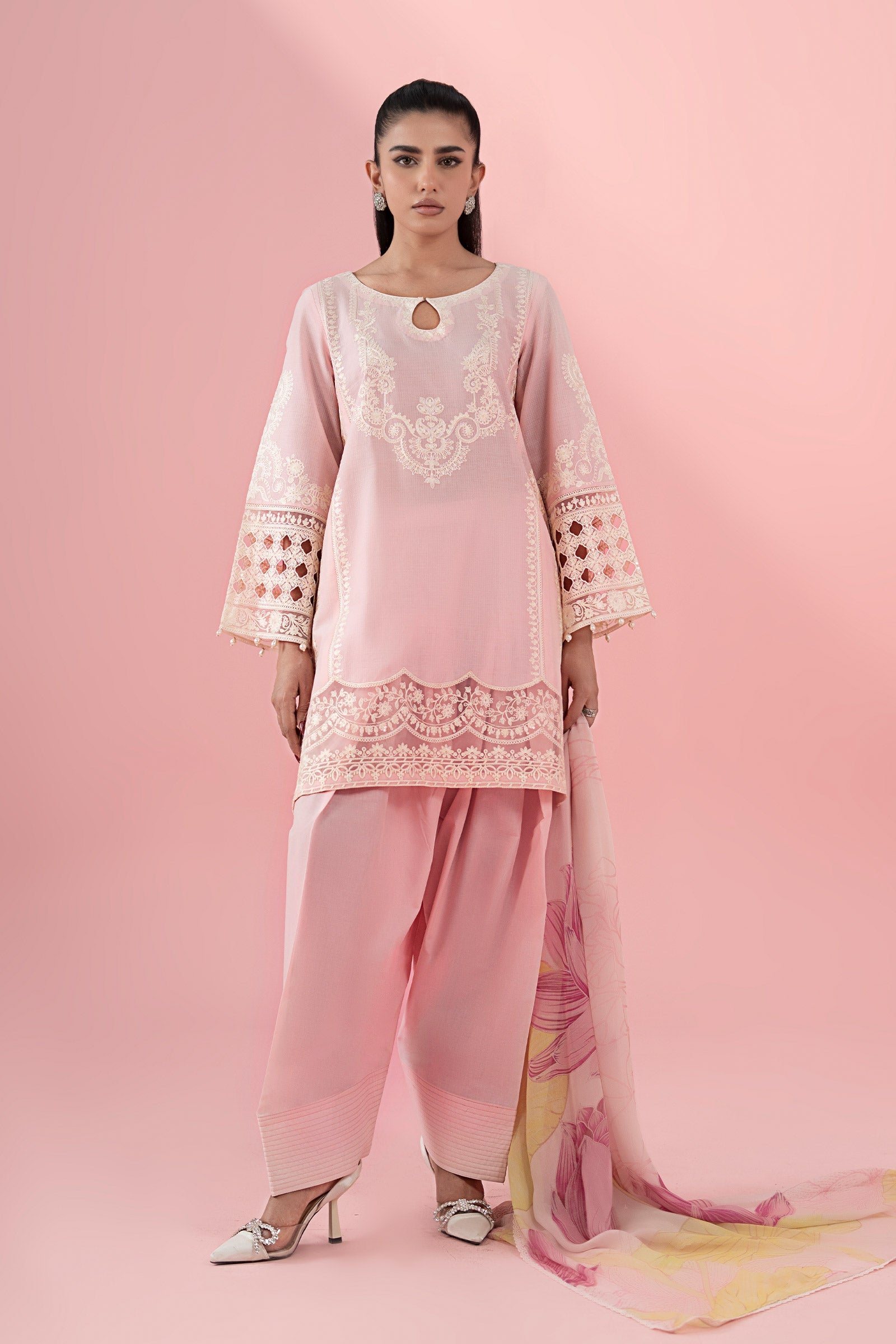 Pastel Pink Embroidered Dobby Salwar Kameez (3-Piece) - Image 1