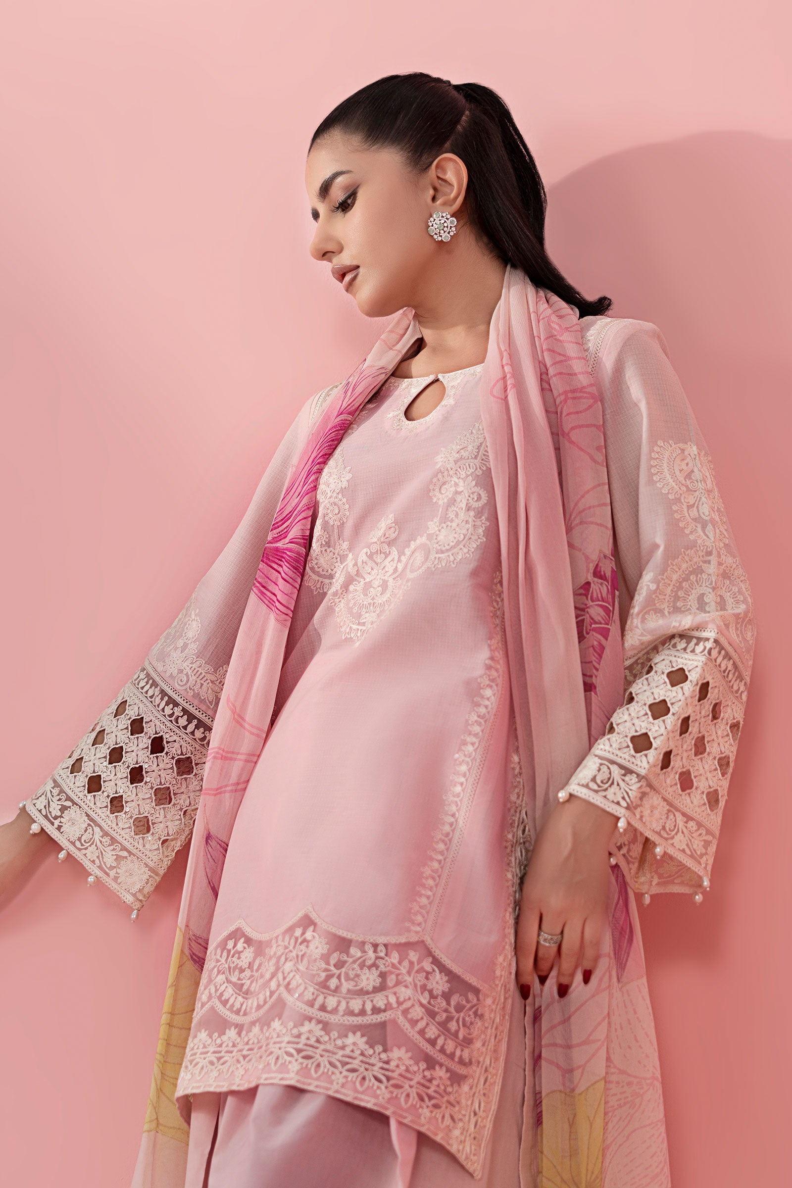 Pastel Pink Embroidered Dobby Salwar Kameez (3-Piece) - Image 2
