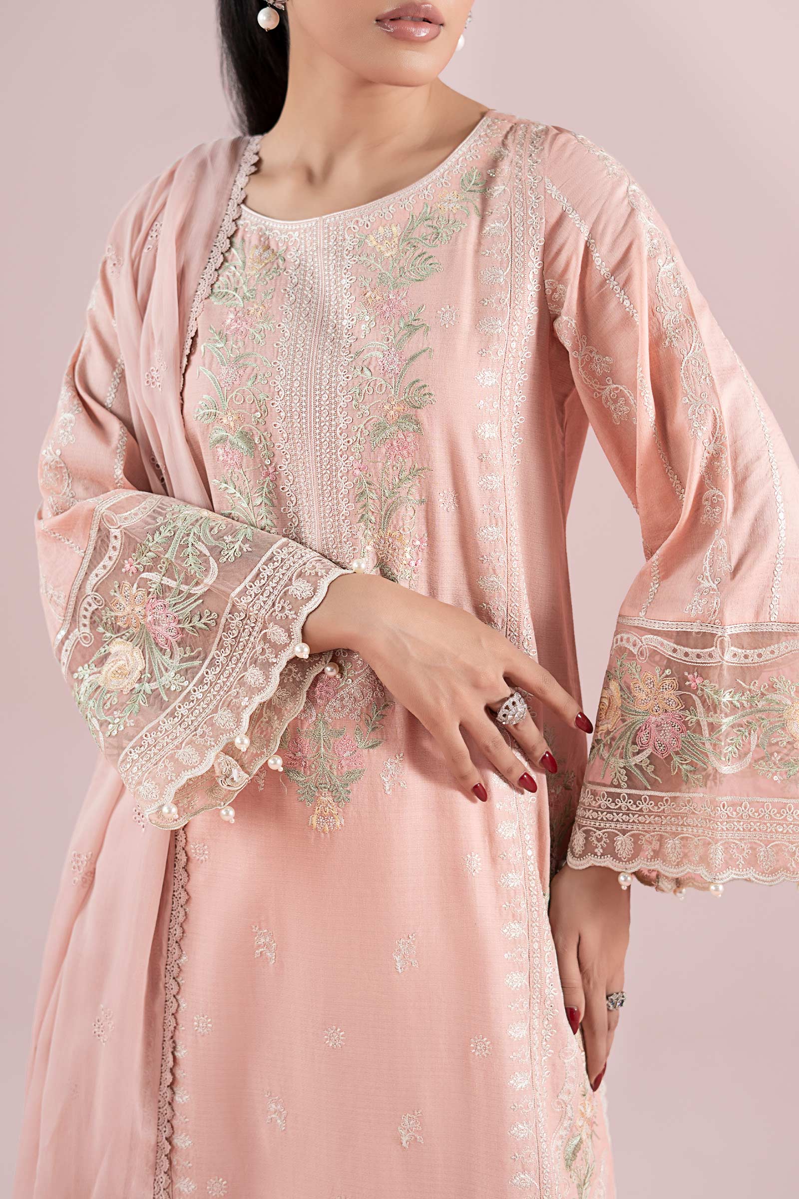 Pastel Pink Embroidered Dobby 3-Piece Suit - Image 5