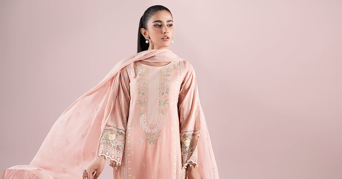 Pastel Pink Embroidered Dobby 3-Piece Suit - Image 9