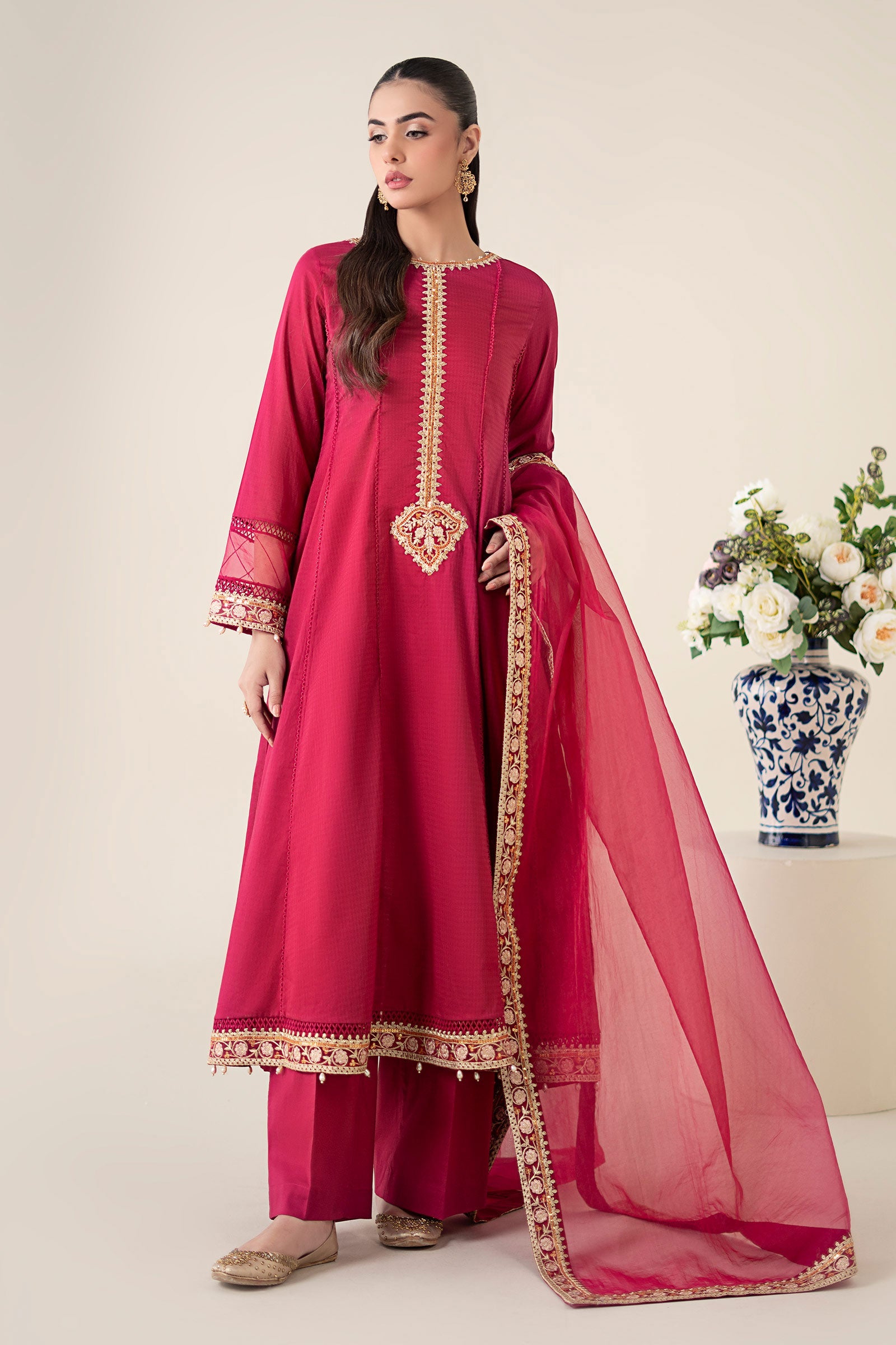 Pakistani Magenta Embroidered Dobby Frock Suit (3-Piece) - Image 1