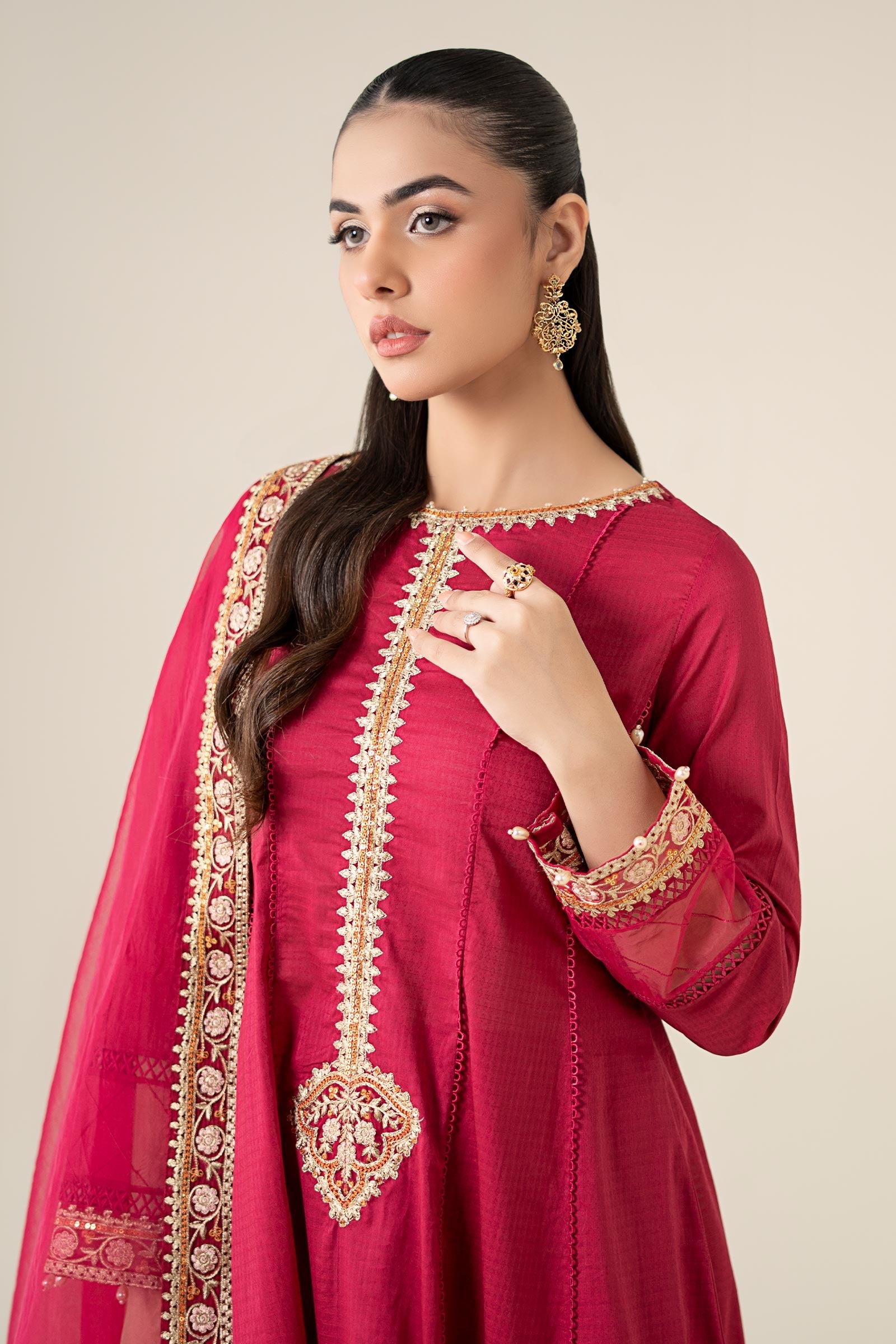 Pakistani Magenta Embroidered Dobby Frock Suit (3-Piece) - Image 2