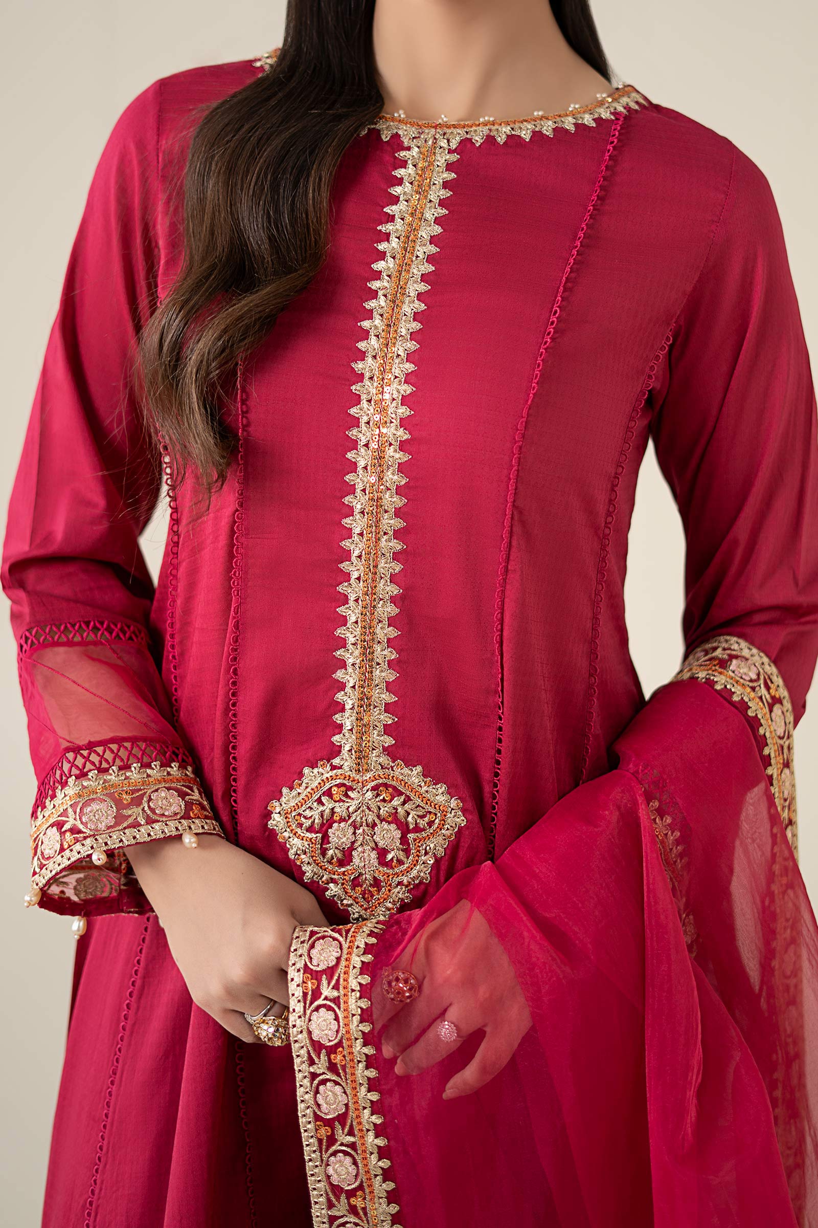 Pakistani Magenta Embroidered Dobby Frock Suit (3-Piece) - Image 3