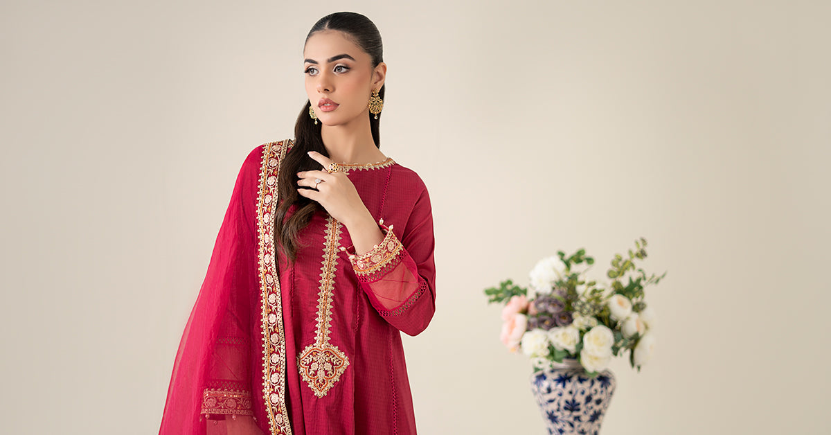 Pakistani Magenta Embroidered Dobby Frock Suit (3-Piece) - Image 6