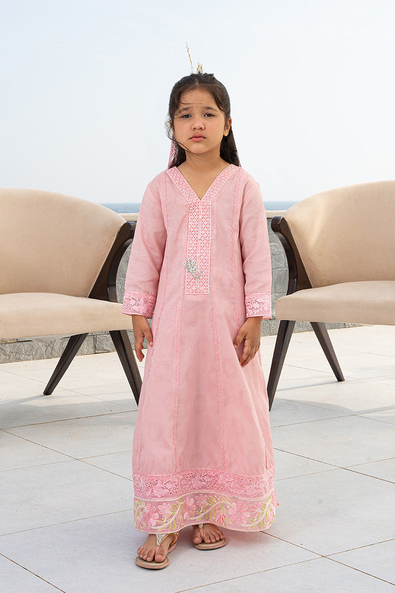 Pakistani Pastel Pink Embroidered Embossed Fabric Girls' Salwar Kameez (2-Piece) - Image 1
