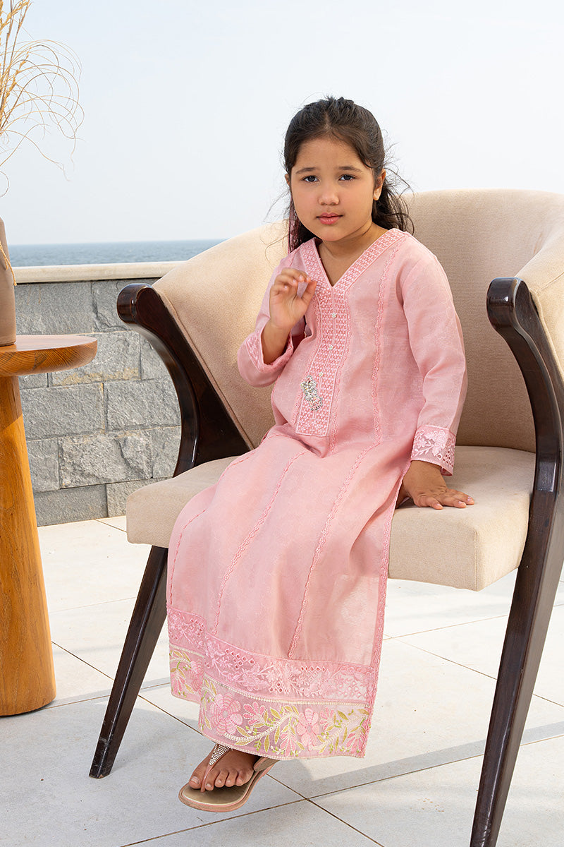 Pakistani Pastel Pink Embroidered Embossed Fabric Girls' Salwar Kameez (2-Piece) - Image 2