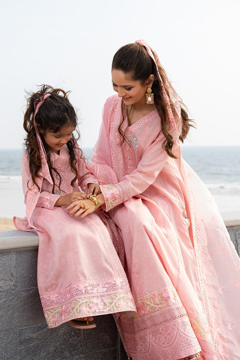 Pakistani Pastel Pink Embroidered Embossed Fabric Girls' Salwar Kameez (2-Piece) - Image 6