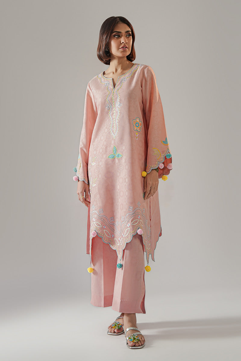 Pakistani Soft Pink Embroidered Embossed Fabric Kurta Set (2-Piece) - Image 1