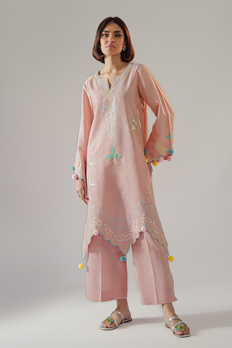 Soft Pink Embroidered Embossed Fabric Kurta Set (2-Piece) - Image 2