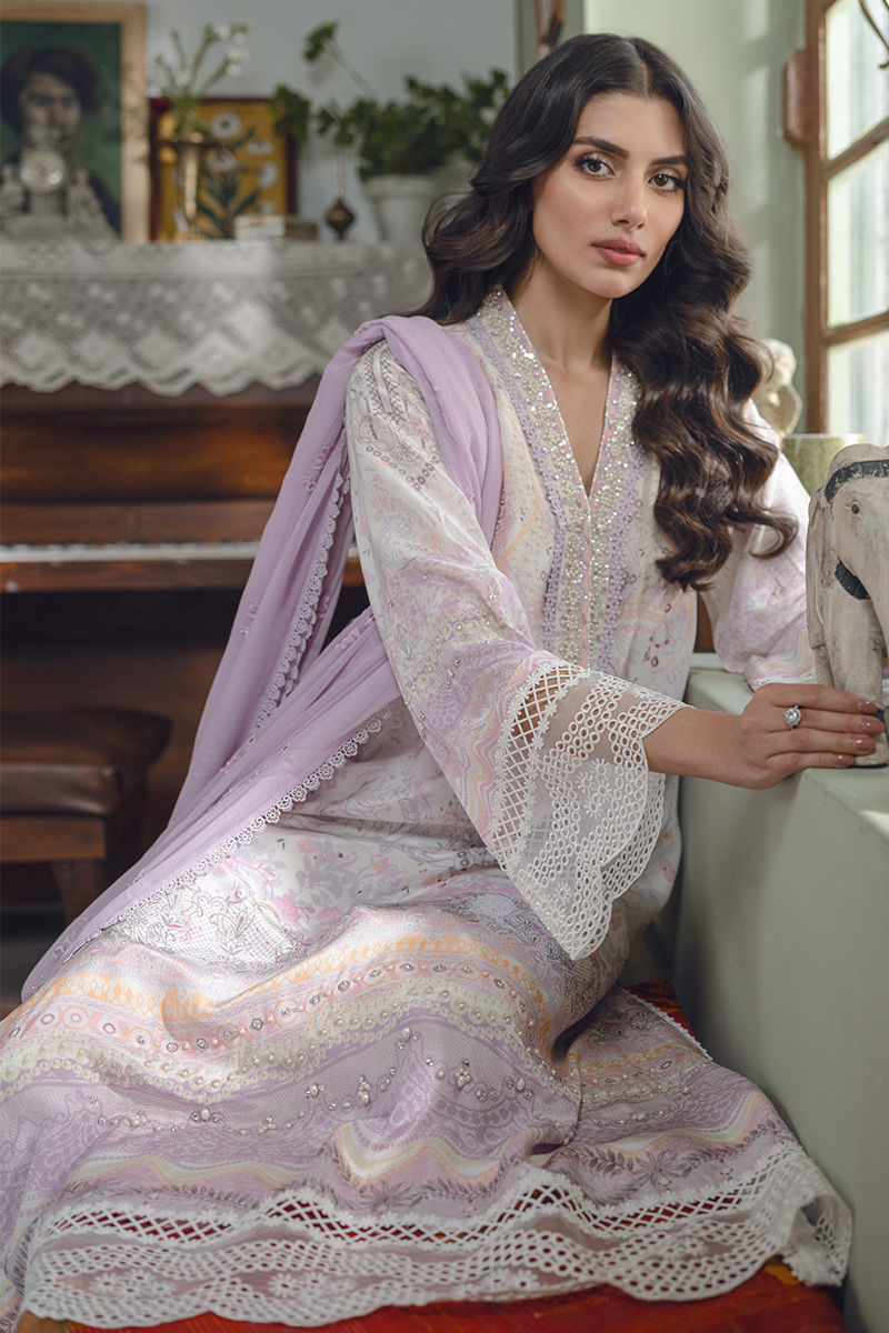 Pakistani Lilac Ivory Embroidered Lawn Salwar Kameez (3-Piece) - Image 2